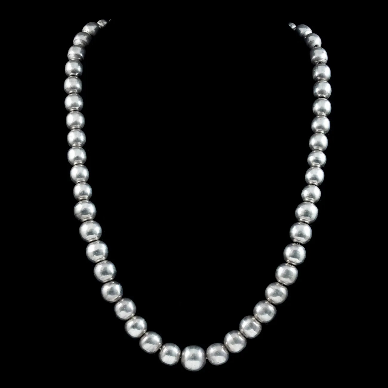 Art Deco Long Bead Necklace Sterling Silver
