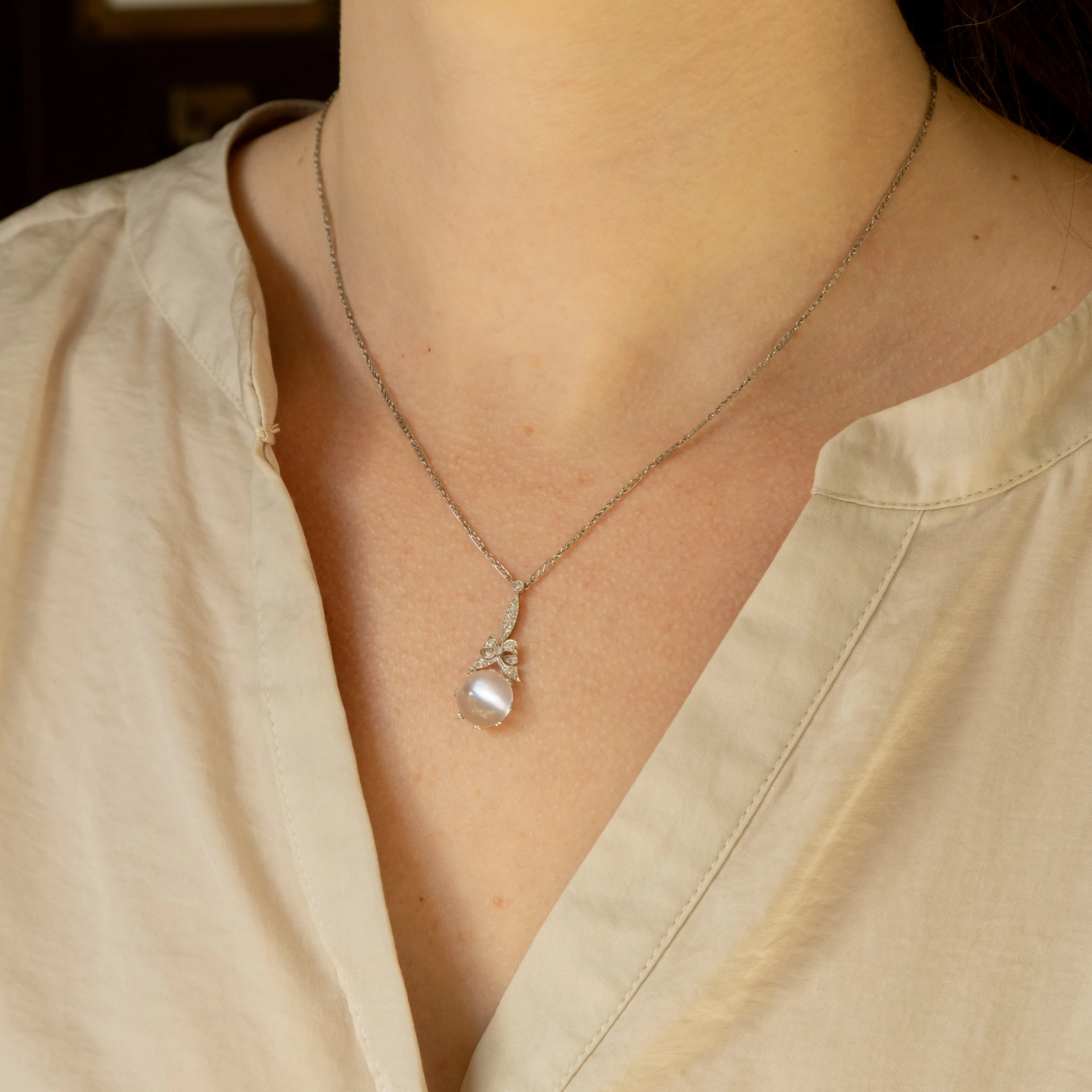 Art Deco Moonstone Diamond Lavalier Pendant Necklace