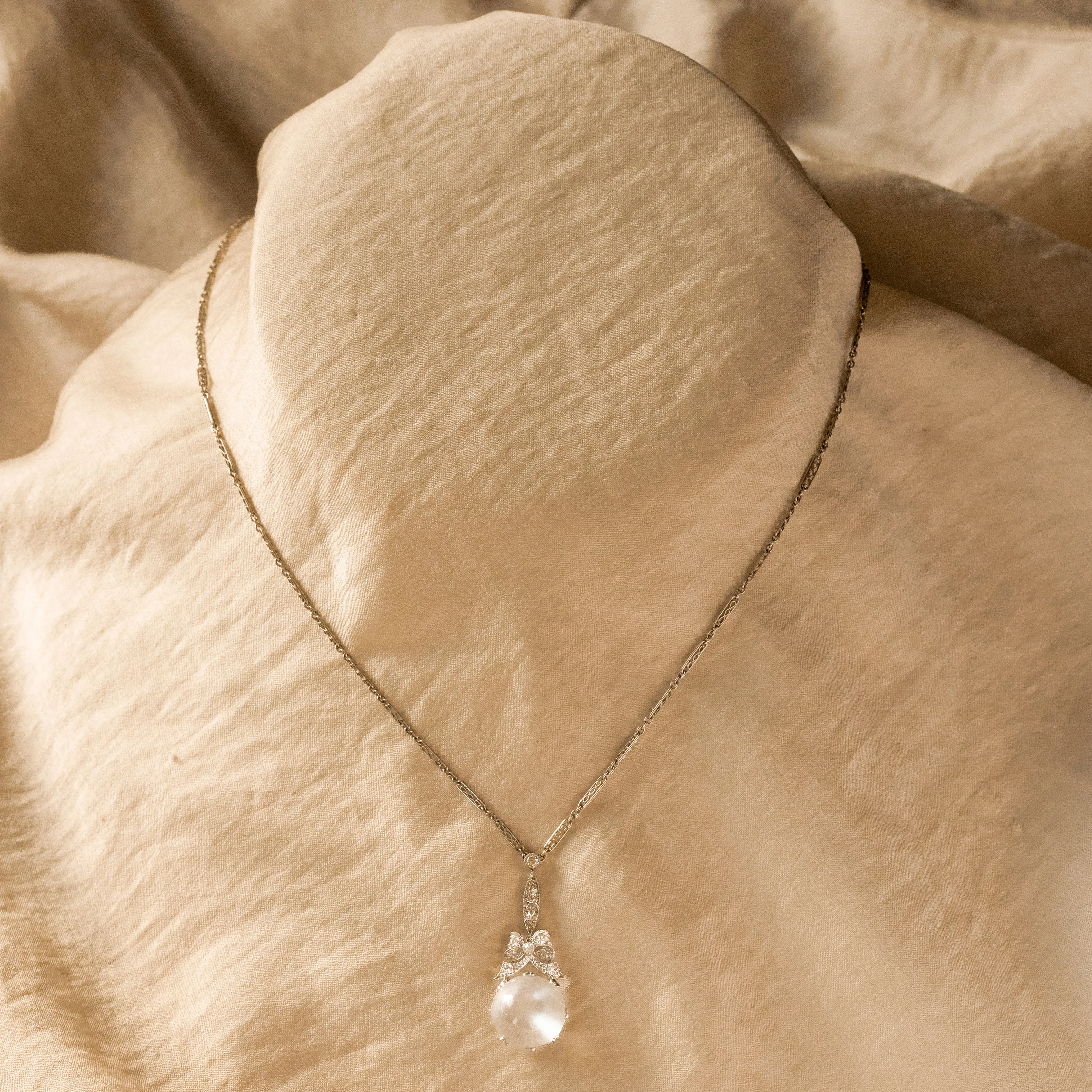 Art Deco Moonstone Diamond Lavalier Pendant Necklace