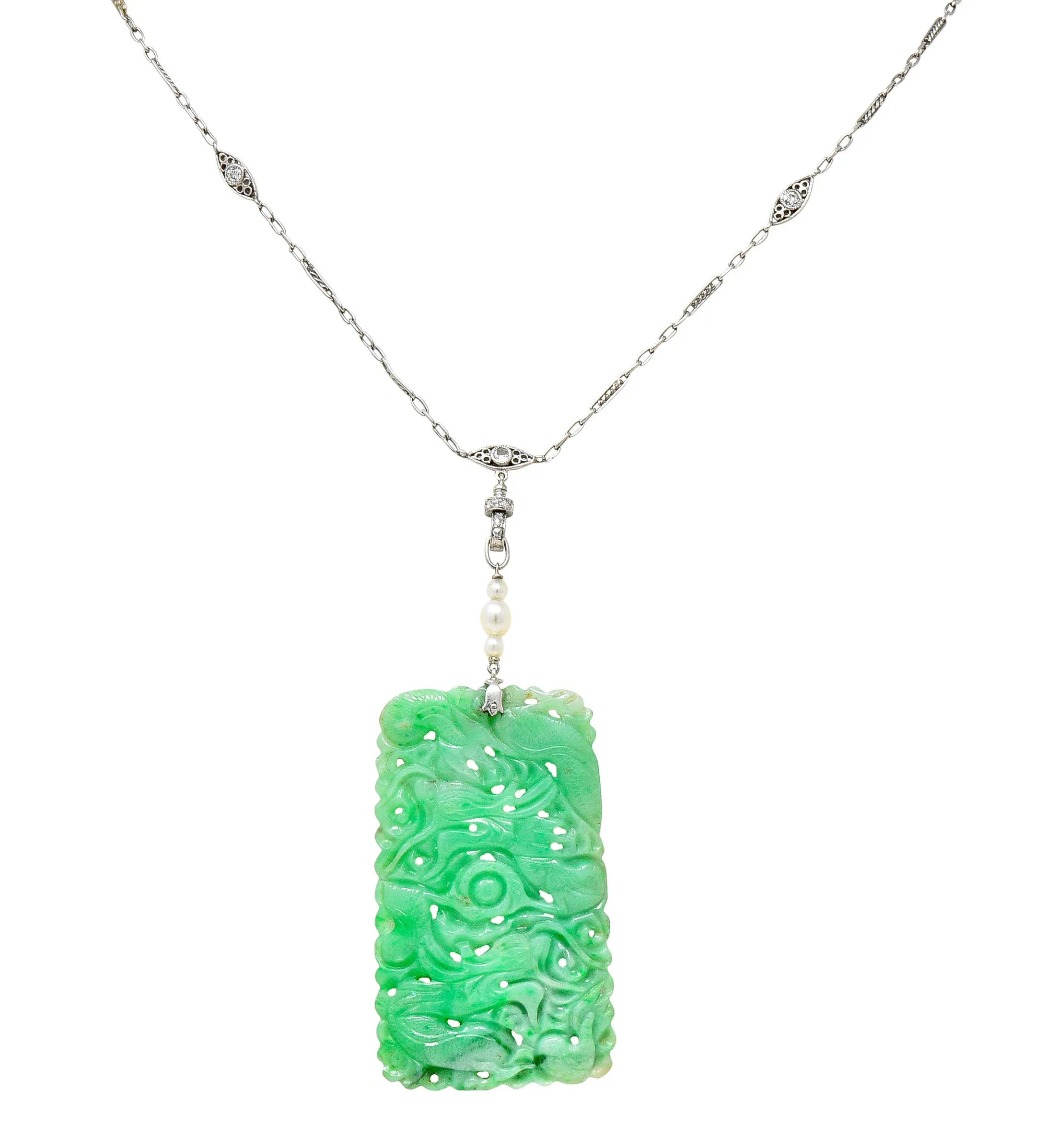 Art Deco Old European Cut Diamond Pearl Carved Jade Platinum Serpent Lavalier Drop Necklace