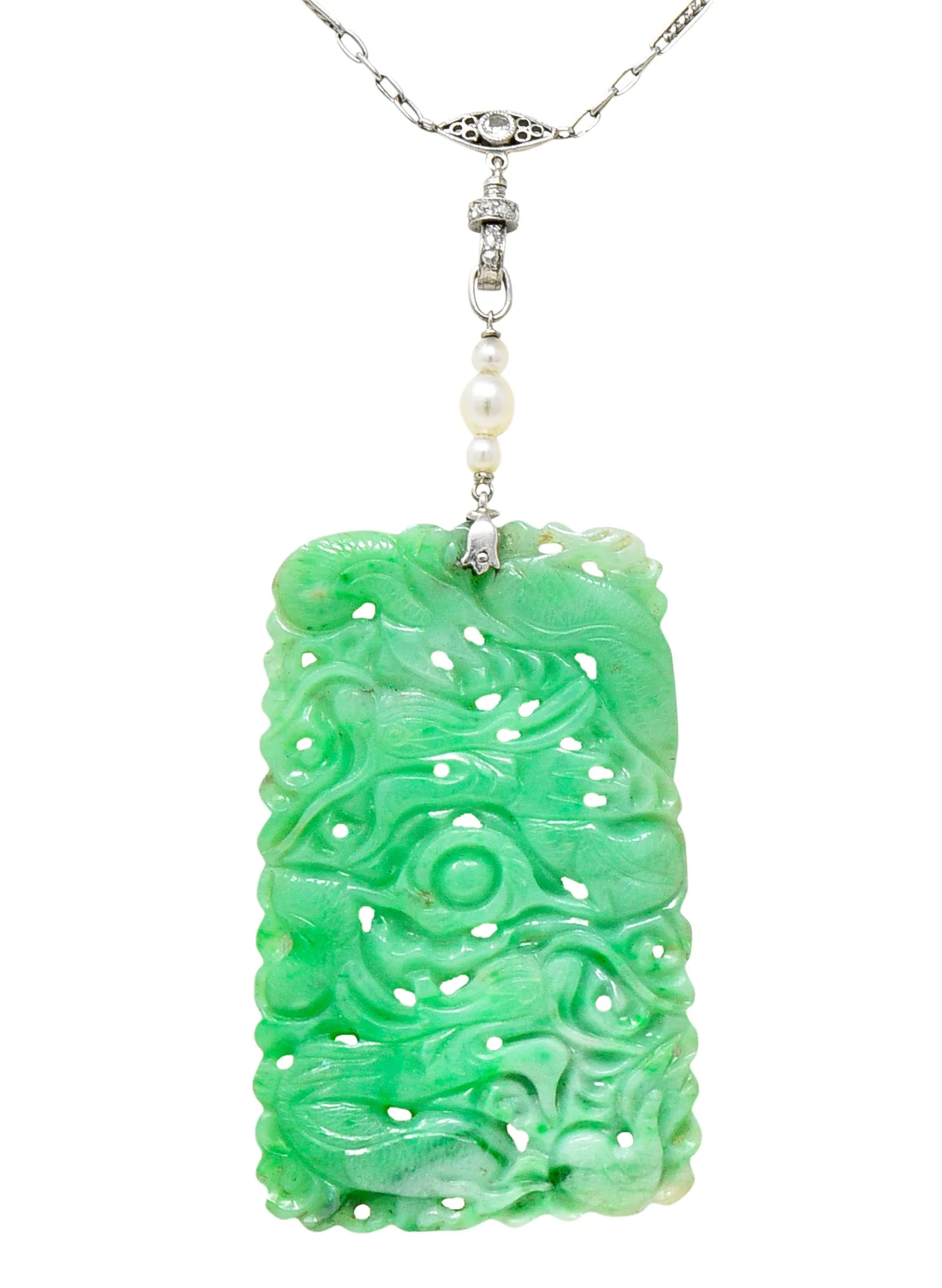 Art Deco Old European Cut Diamond Pearl Carved Jade Platinum Serpent Lavalier Drop Necklace