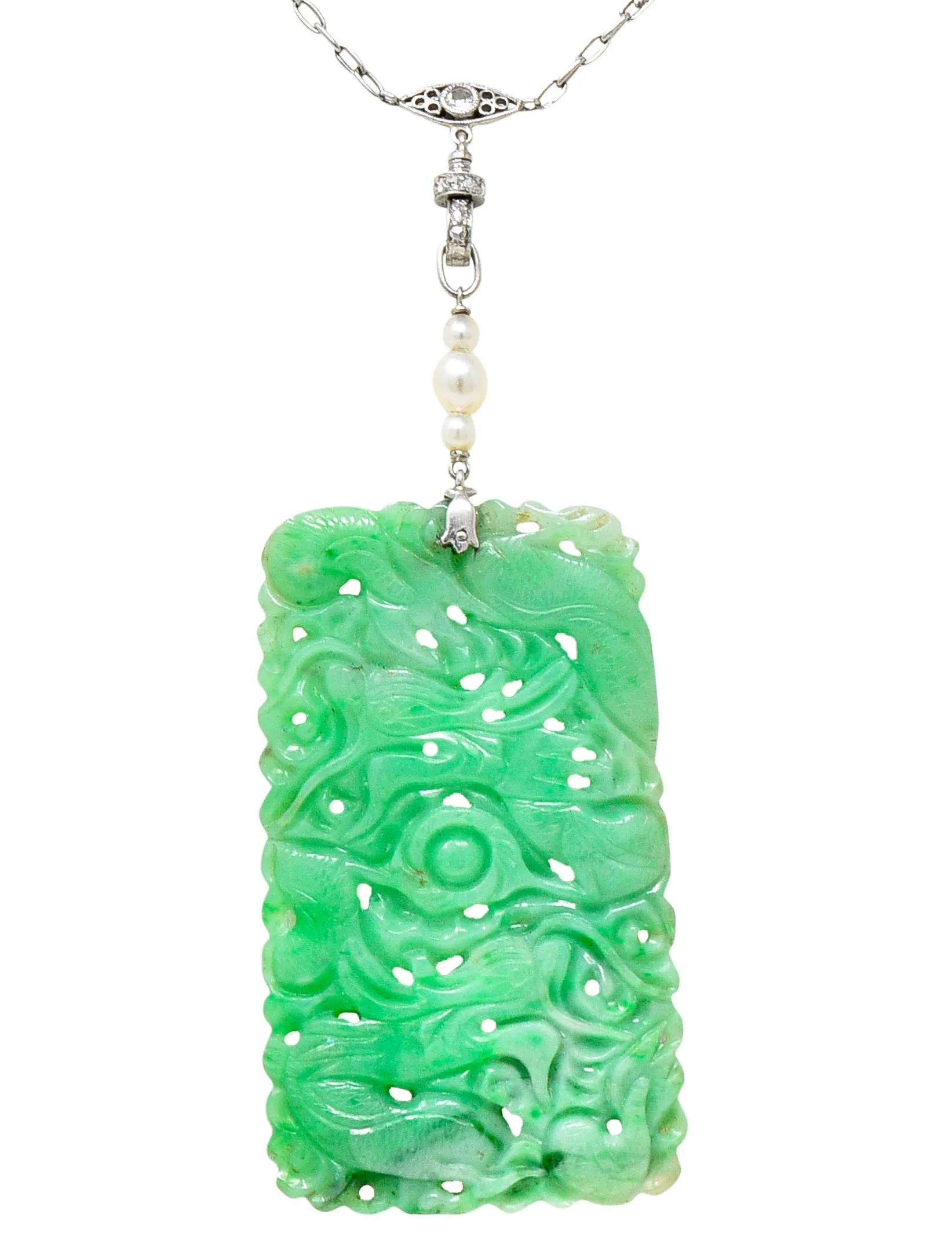Art Deco Old European Cut Diamond Pearl Carved Jade Platinum Serpent Lavalier Drop Necklace