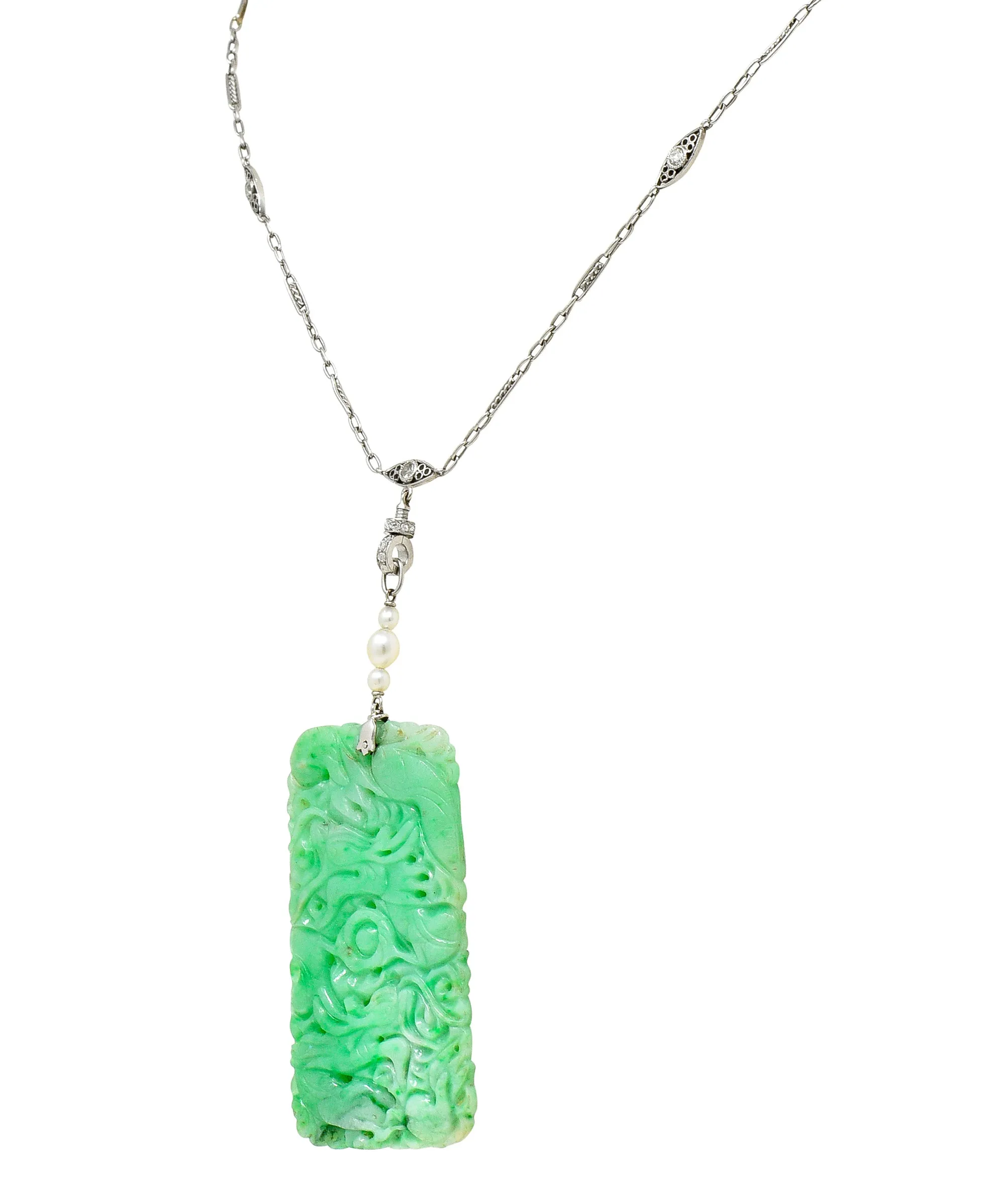 Art Deco Old European Cut Diamond Pearl Carved Jade Platinum Serpent Lavalier Drop Necklace