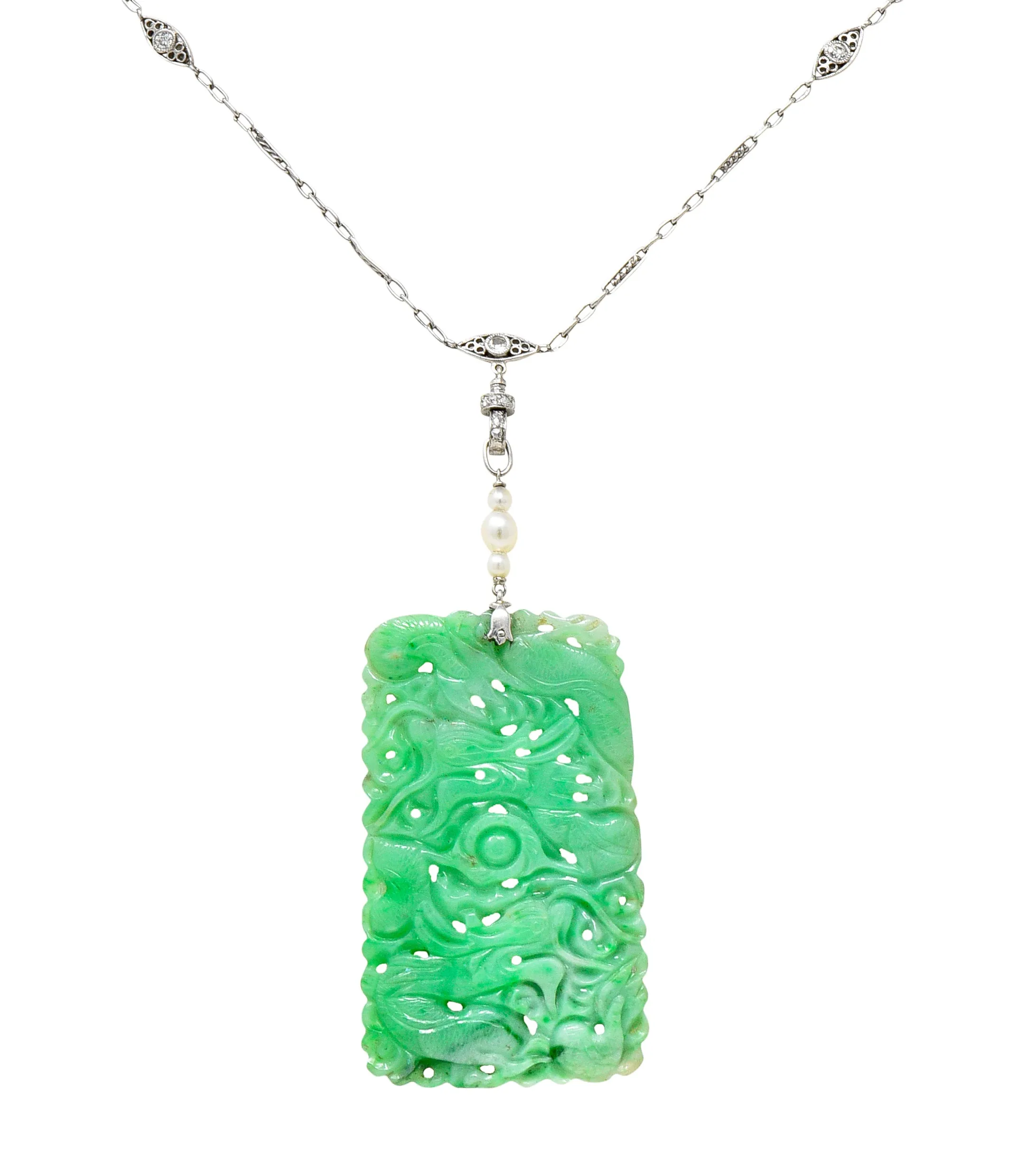 Art Deco Old European Cut Diamond Pearl Carved Jade Platinum Serpent Lavalier Drop Necklace