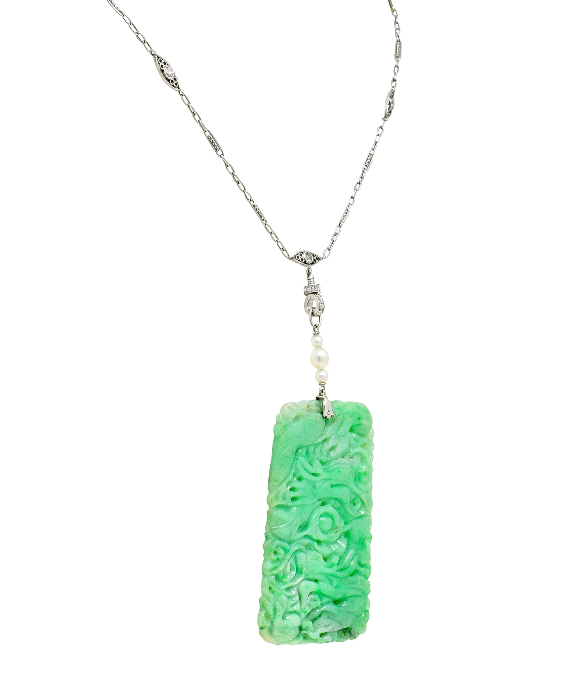 Art Deco Old European Cut Diamond Pearl Carved Jade Platinum Serpent Lavalier Drop Necklace
