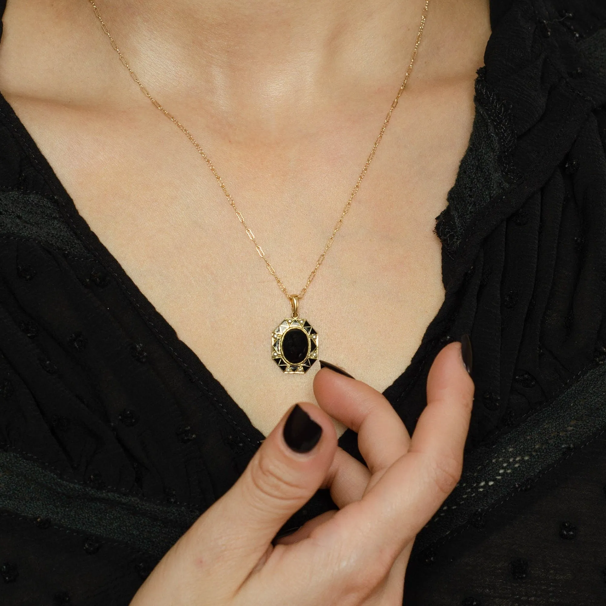 Art Deco Onyx Conversion Pendant of 14k Gold
