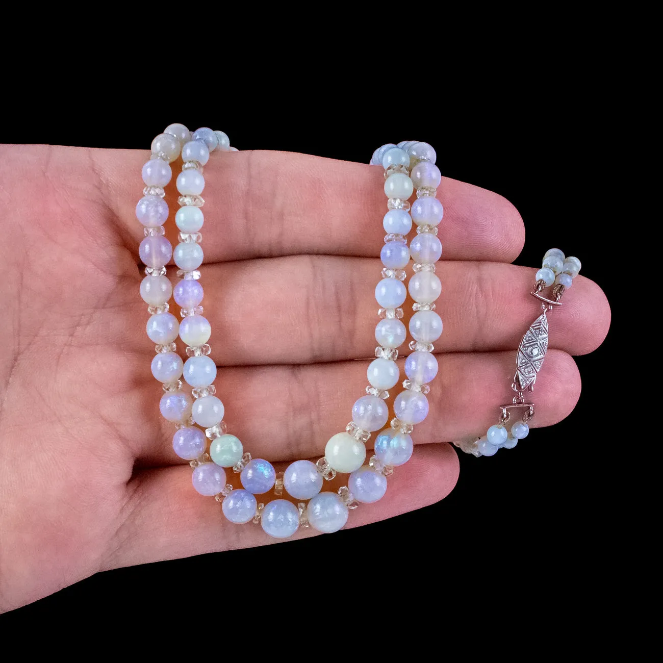 Art Deco Opal Double Bead Necklace With Diamond Clasp