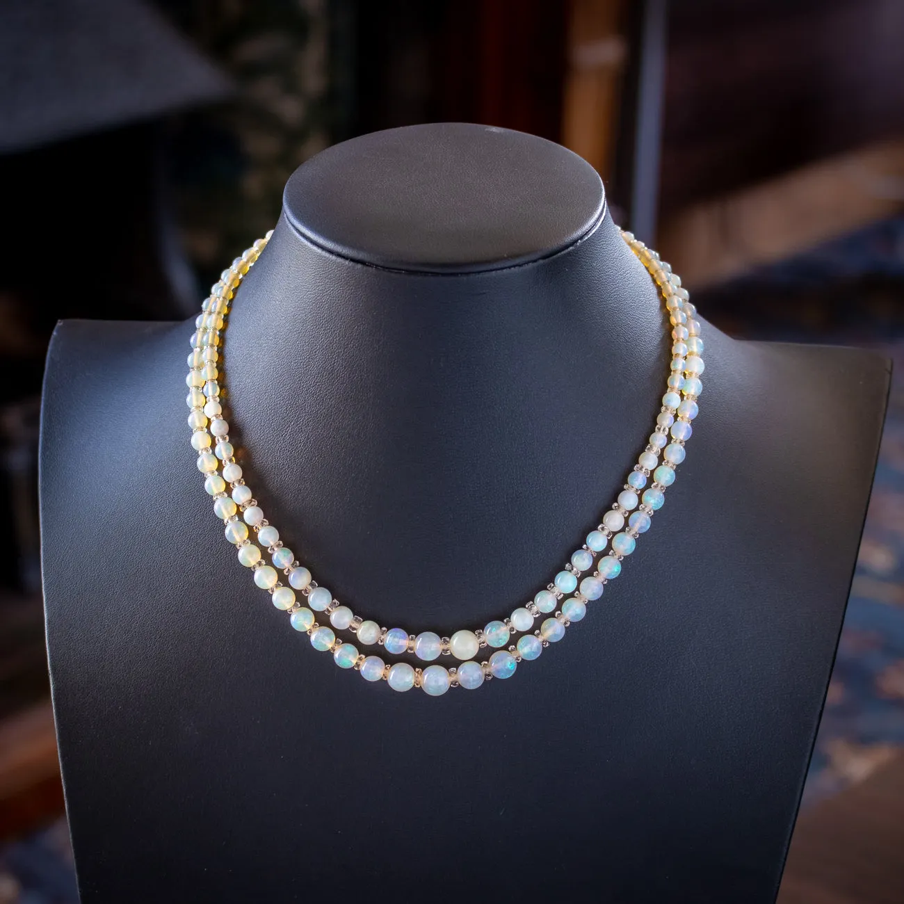 Art Deco Opal Double Bead Necklace With Diamond Clasp