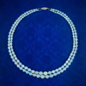 Art Deco Opal Double Bead Necklace With Diamond Clasp