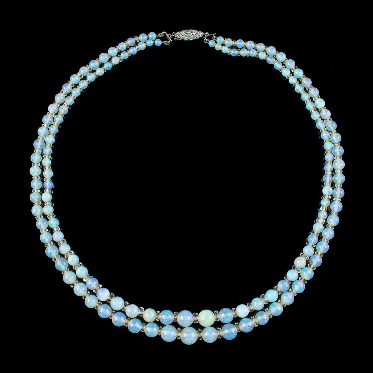 Art Deco Opal Double Bead Necklace With Diamond Clasp