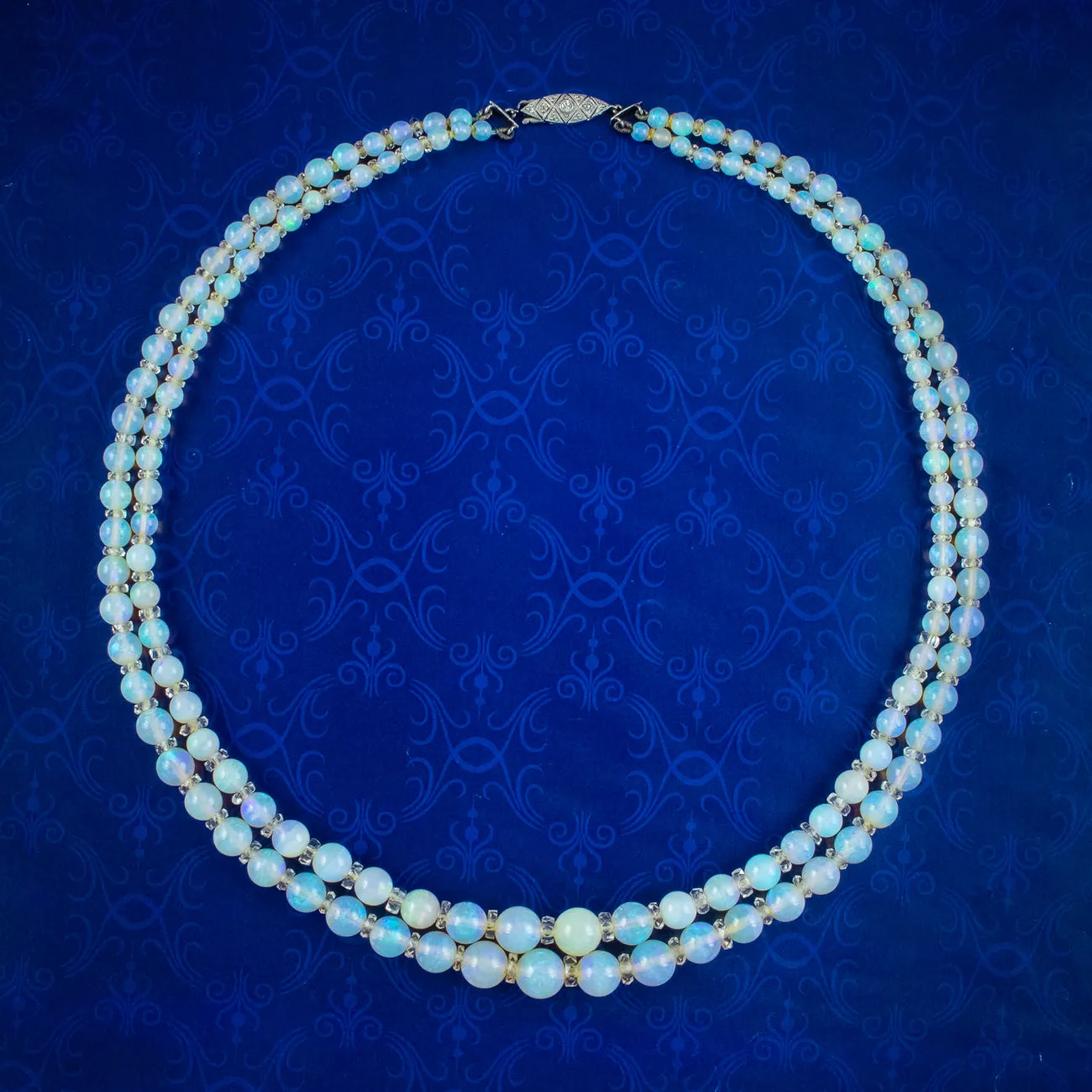 Art Deco Opal Double Bead Necklace With Diamond Clasp