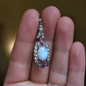 Art Deco Opal, Ruby & White Sapphire Pendant