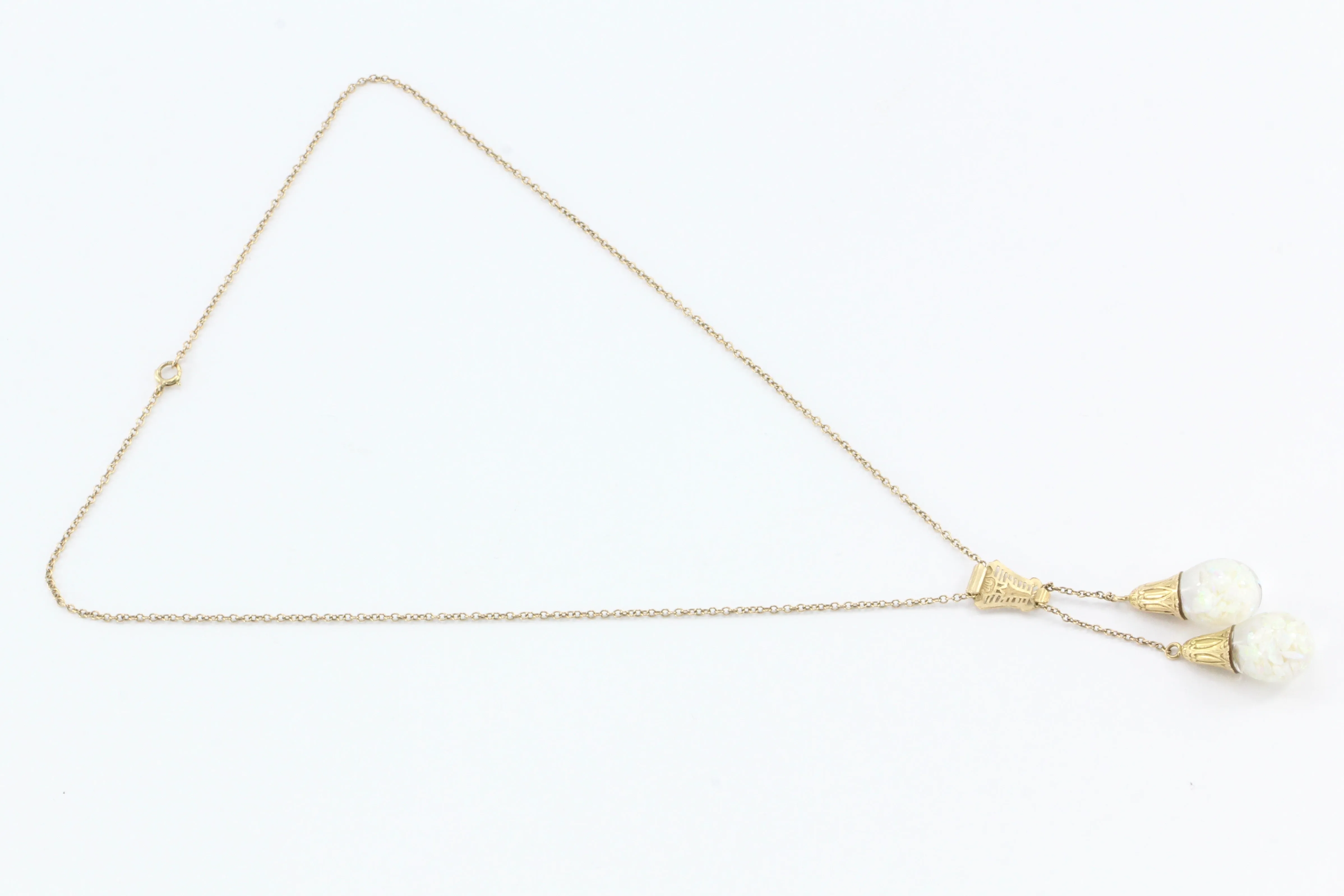 Art Deco Original Horace Welch 14K Gold Double Floating Opal Drop Necklace c1930