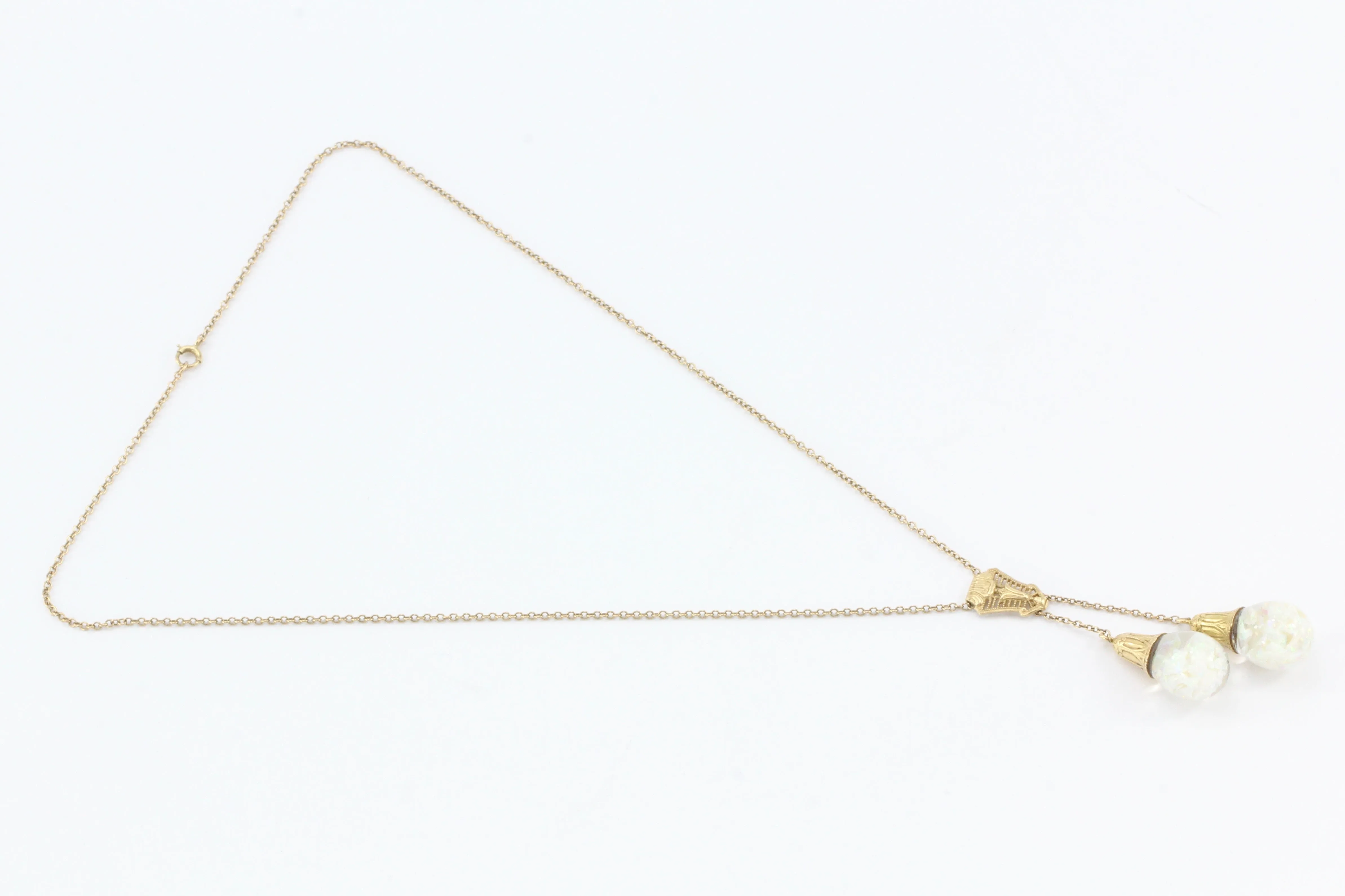 Art Deco Original Horace Welch 14K Gold Double Floating Opal Drop Necklace c1930