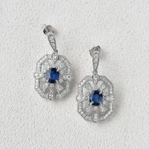 Art-Deco Oval Sapphire White Gold Earrings