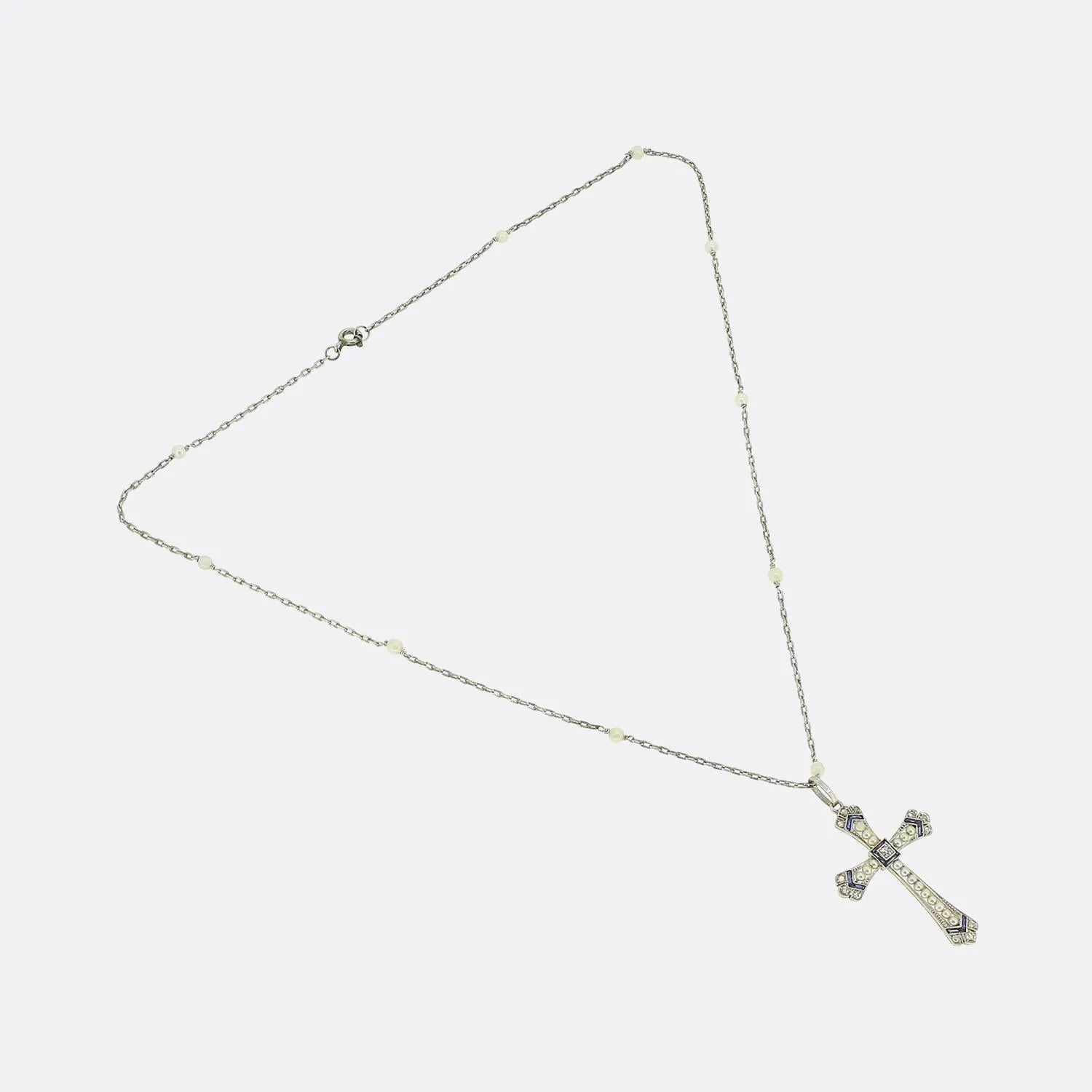 Art Deco Pearl Sapphire and Diamond Cross Pendant Necklace