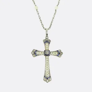 Art Deco Pearl Sapphire and Diamond Cross Pendant Necklace