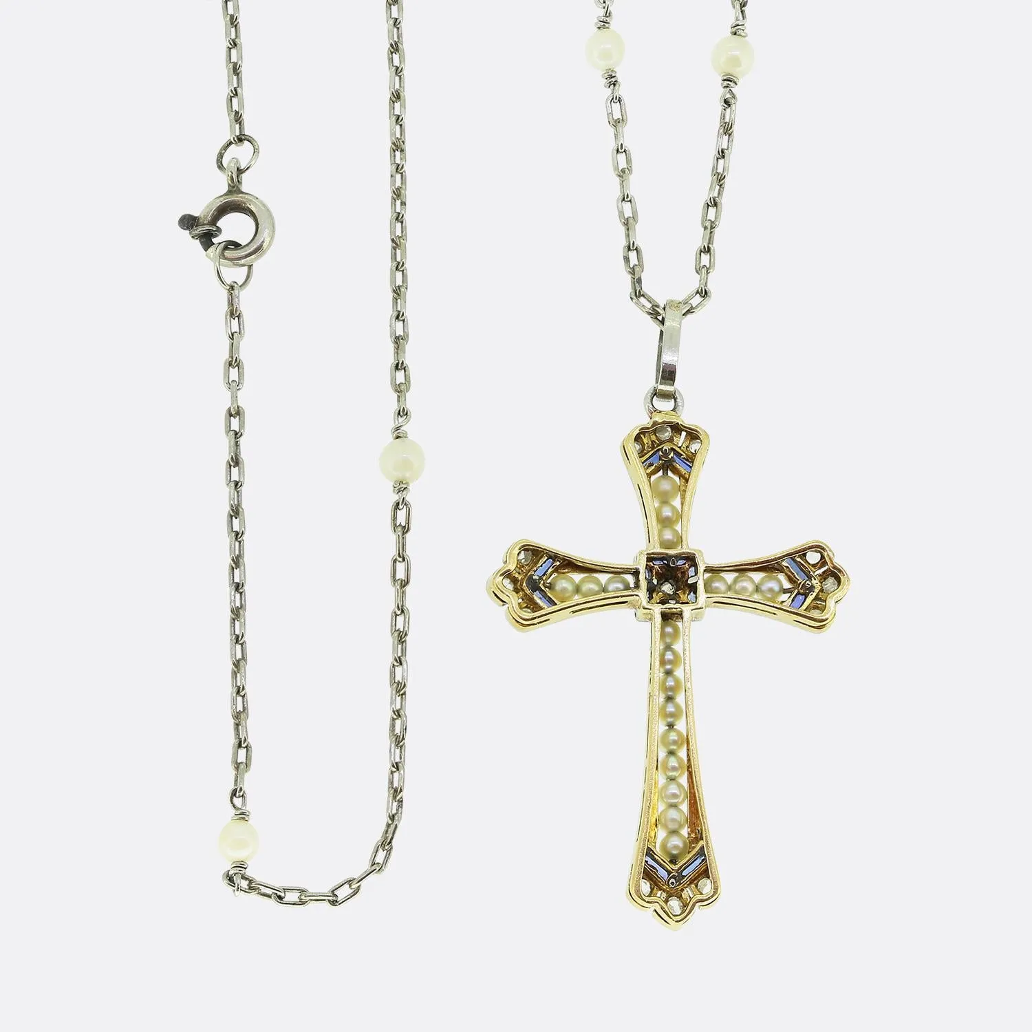 Art Deco Pearl Sapphire and Diamond Cross Pendant Necklace