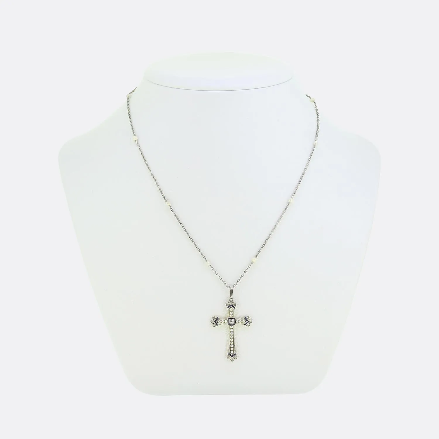 Art Deco Pearl Sapphire and Diamond Cross Pendant Necklace