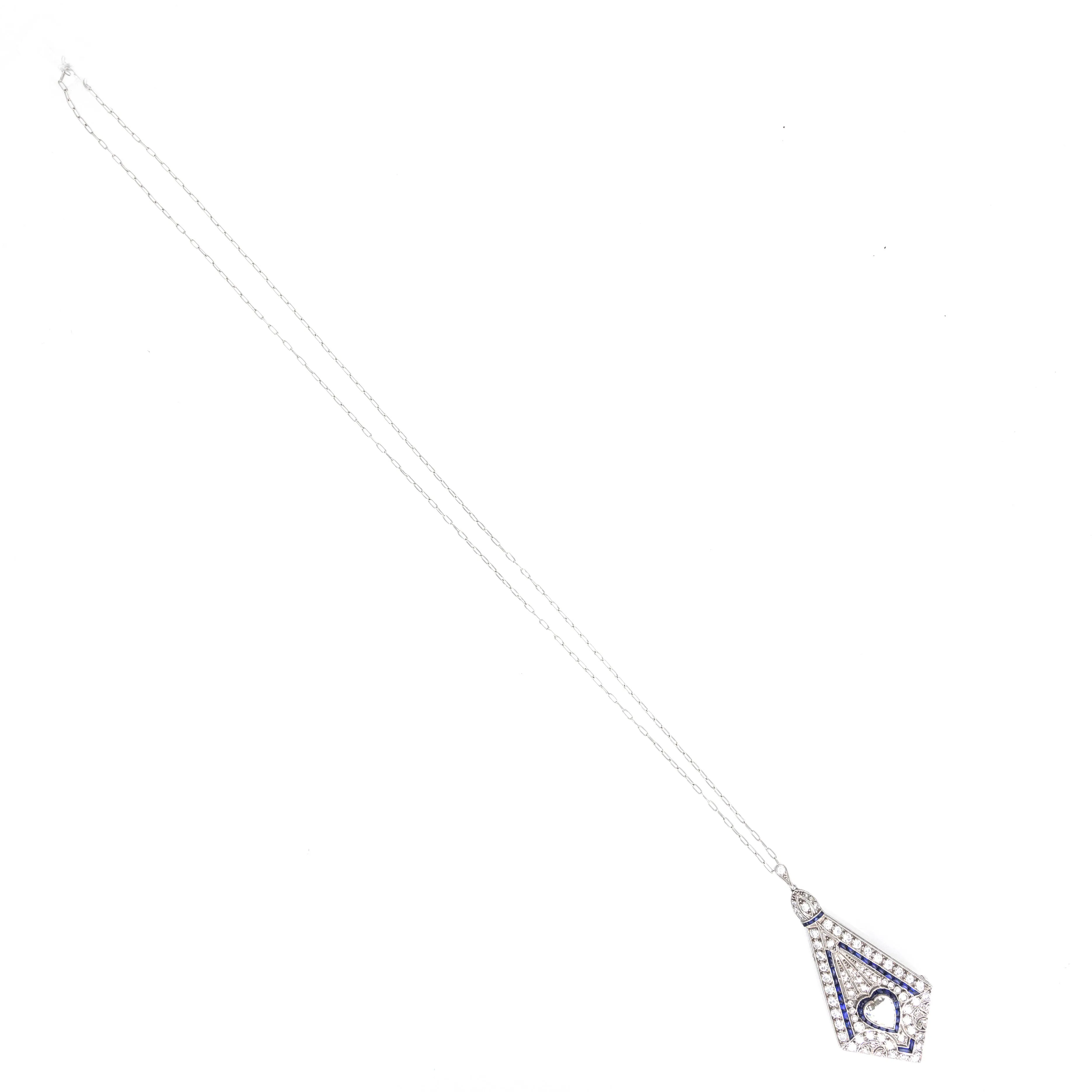 Art Deco Platinum 1.40 Carat Heart Diamond Synthetic Sapphire Brooch Pendant Necklace