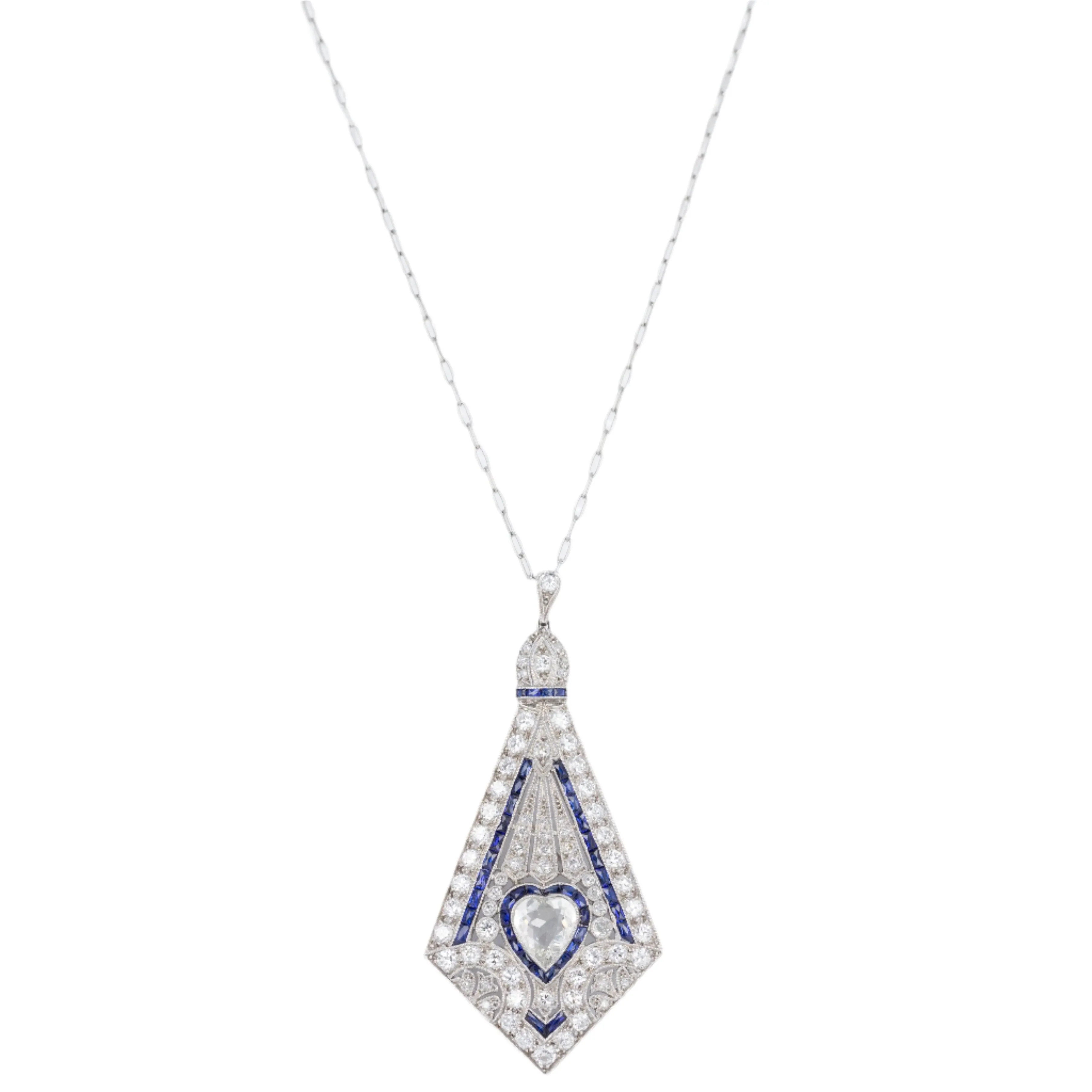 Art Deco Platinum 1.40 Carat Heart Diamond Synthetic Sapphire Brooch Pendant Necklace