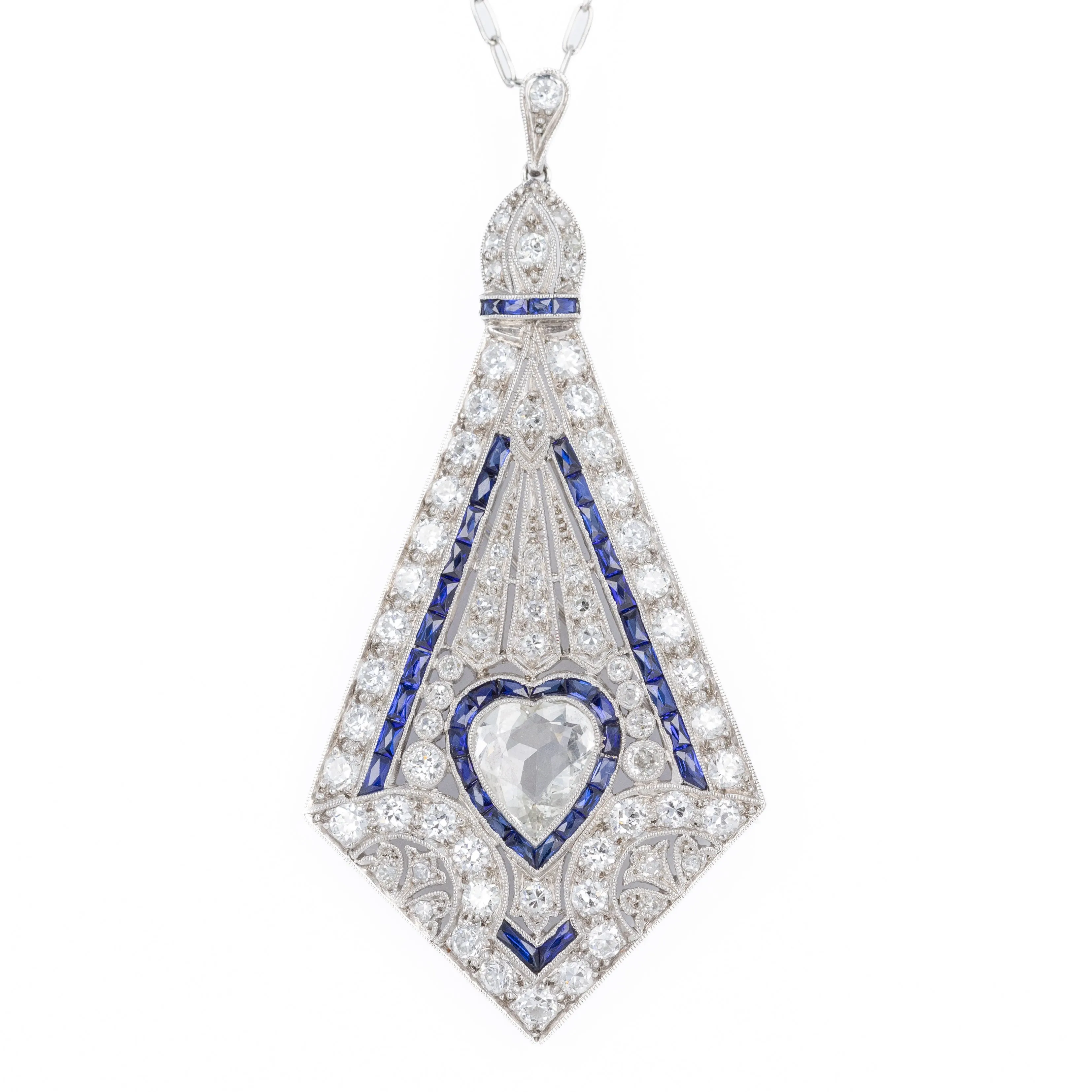 Art Deco Platinum 1.40 Carat Heart Diamond Synthetic Sapphire Brooch Pendant Necklace
