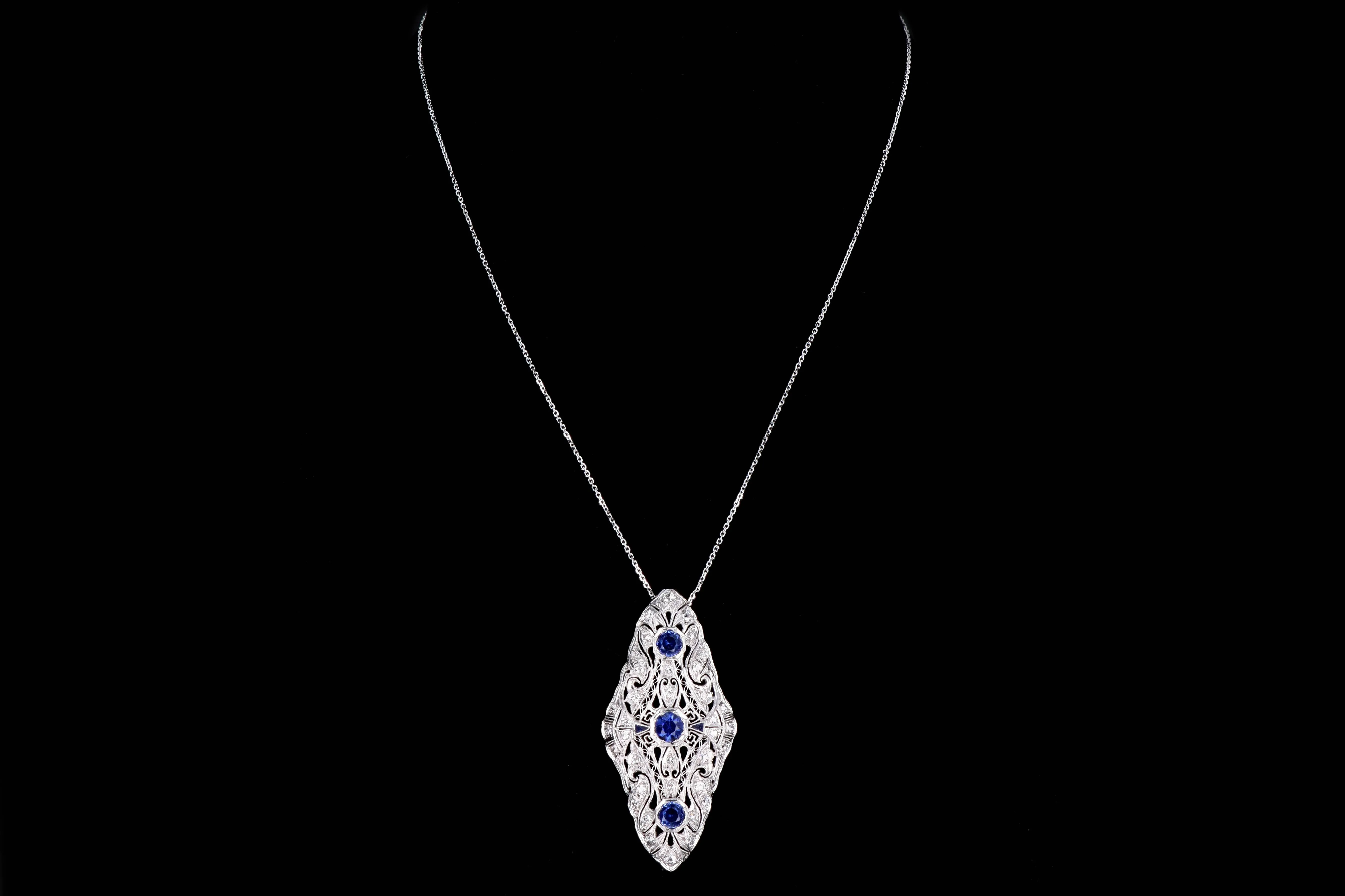 Art Deco Platinum 2.30 Carat Synthetic Sapphire & Diamond Pendant Necklace