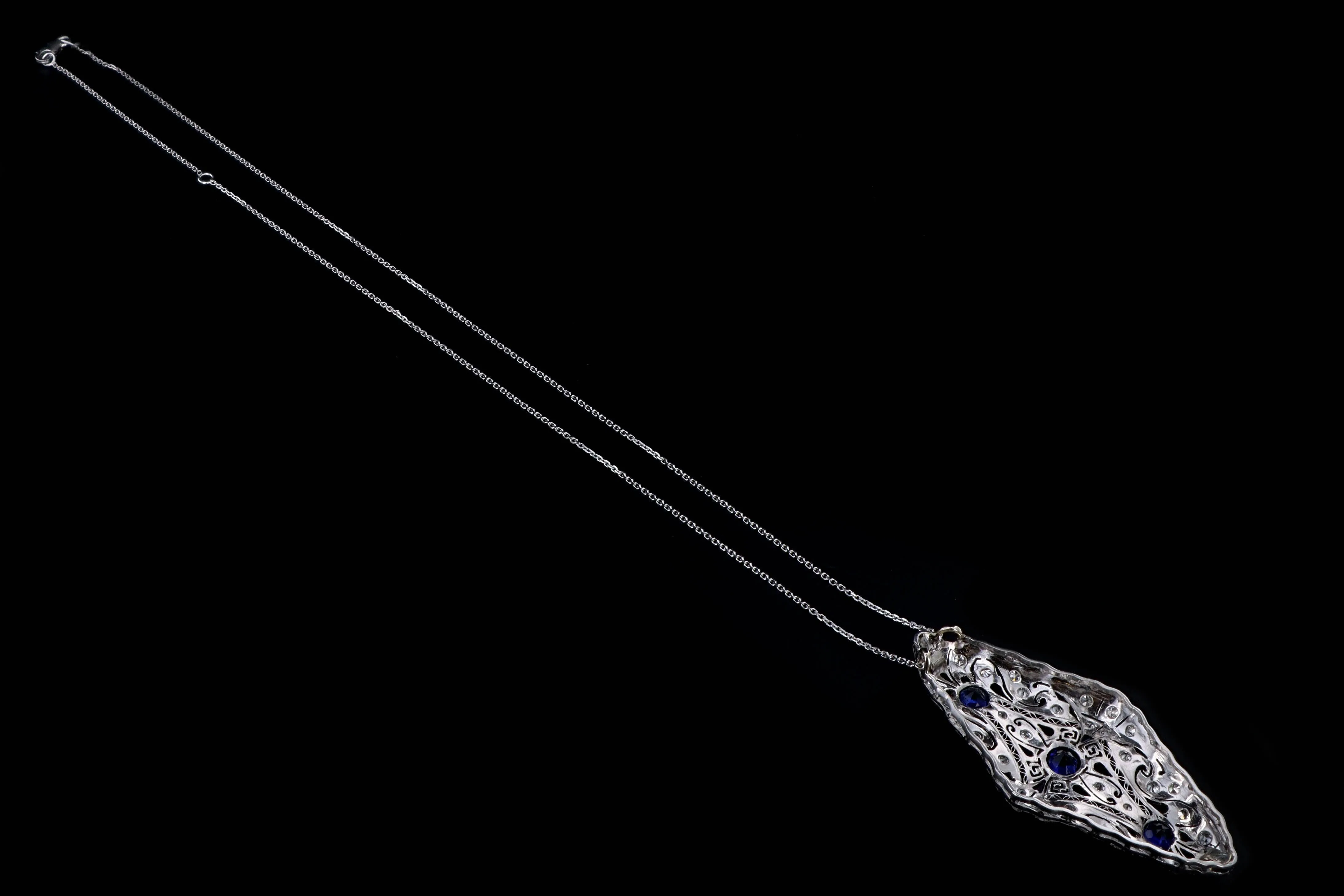 Art Deco Platinum 2.30 Carat Synthetic Sapphire & Diamond Pendant Necklace