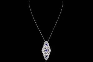 Art Deco Platinum 2.30 Carat Synthetic Sapphire & Diamond Pendant Necklace