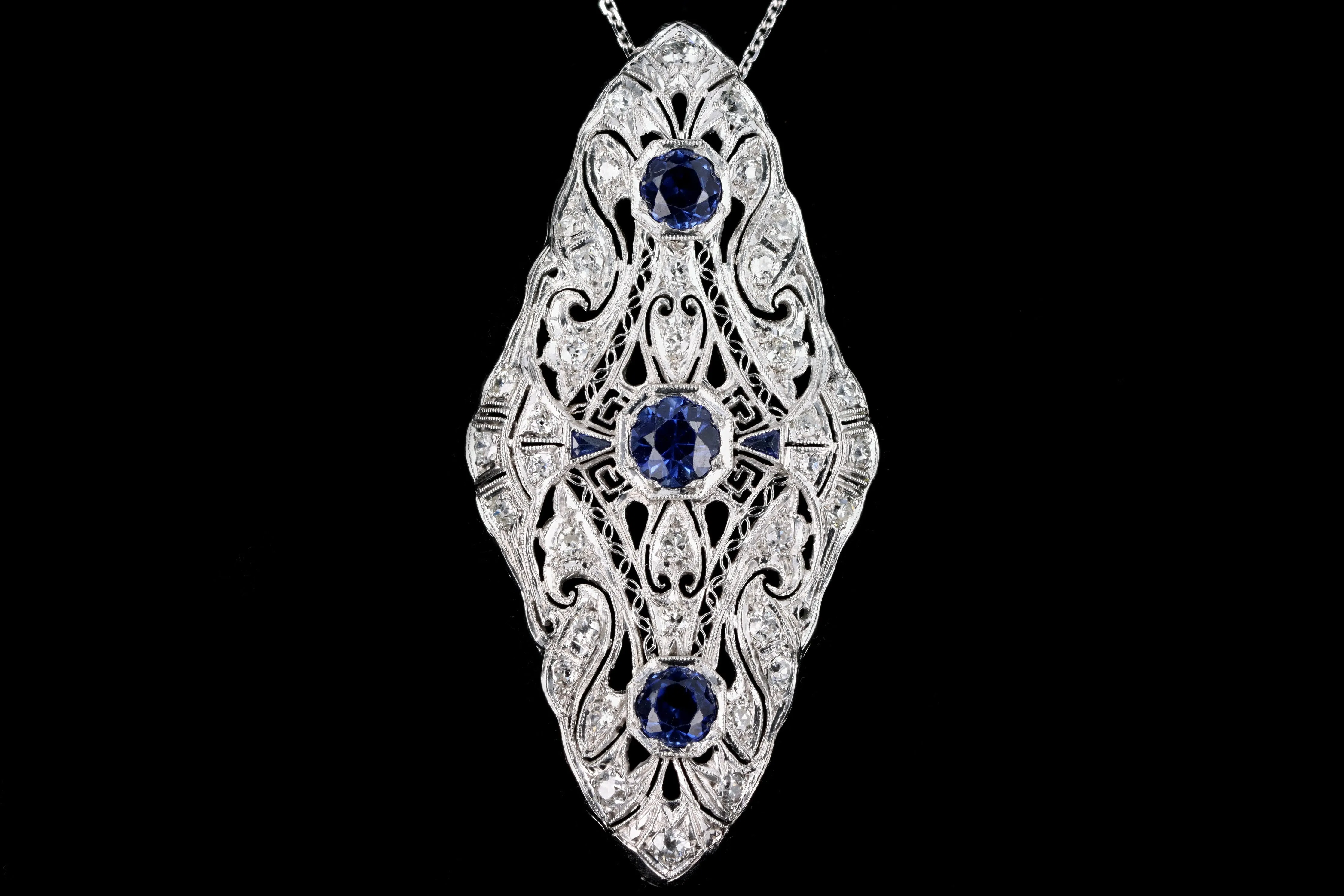 Art Deco Platinum 2.30 Carat Synthetic Sapphire & Diamond Pendant Necklace