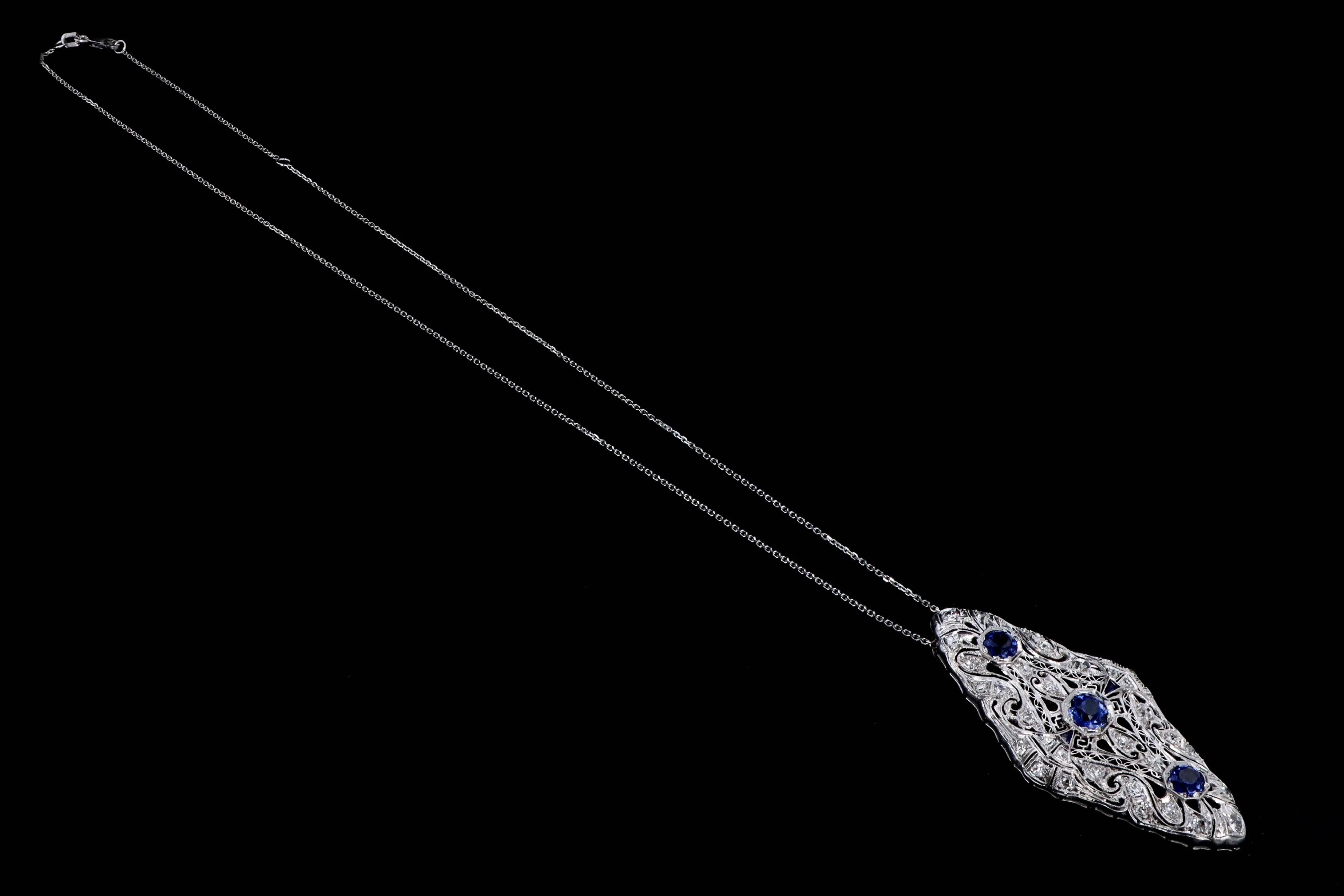 Art Deco Platinum 2.30 Carat Synthetic Sapphire & Diamond Pendant Necklace