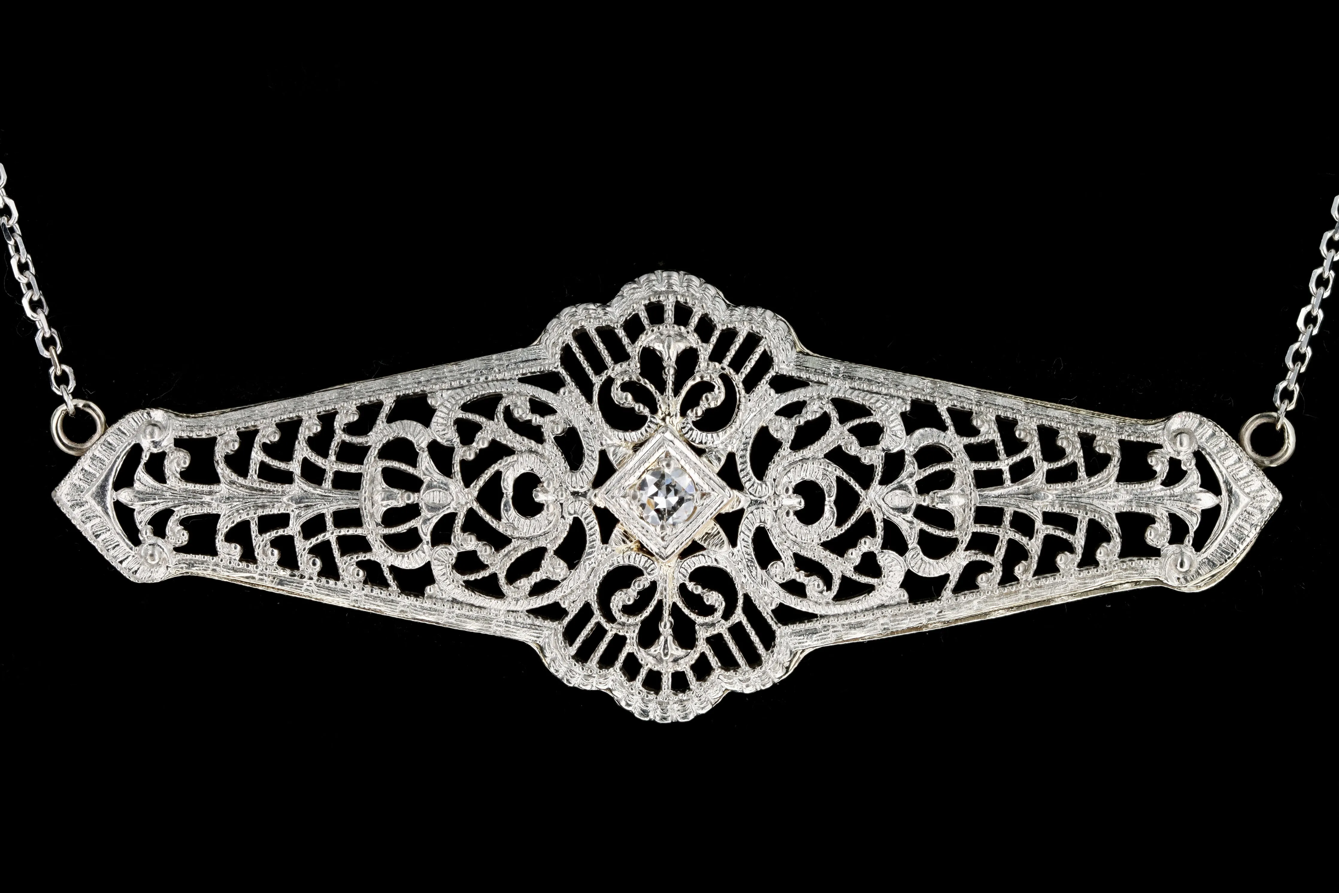 Art Deco Platinum & 14K Gold .06 Carat Old European Diamond Bar Pin Conversion Pendant Necklace