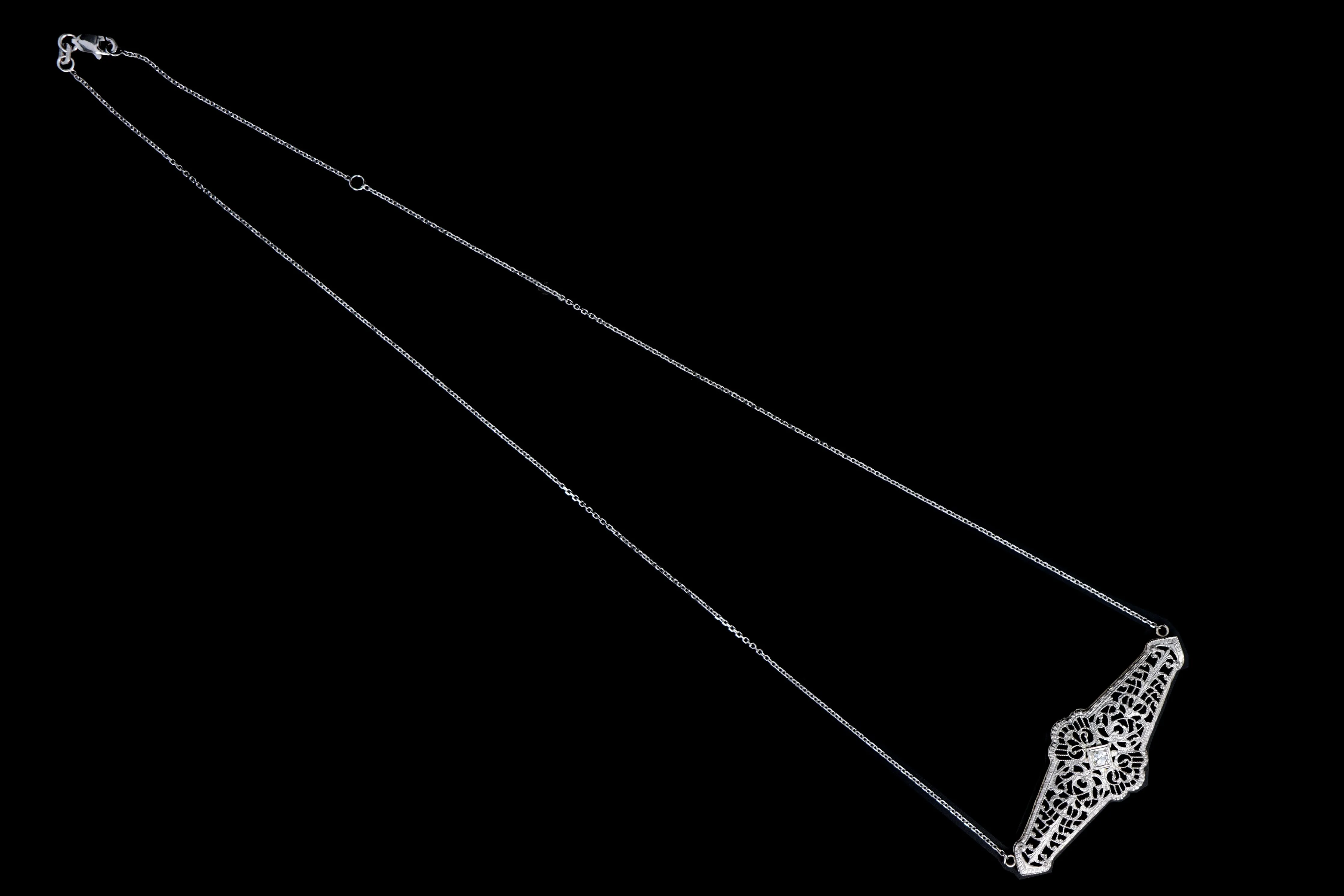 Art Deco Platinum & 14K Gold .06 Carat Old European Diamond Bar Pin Conversion Pendant Necklace