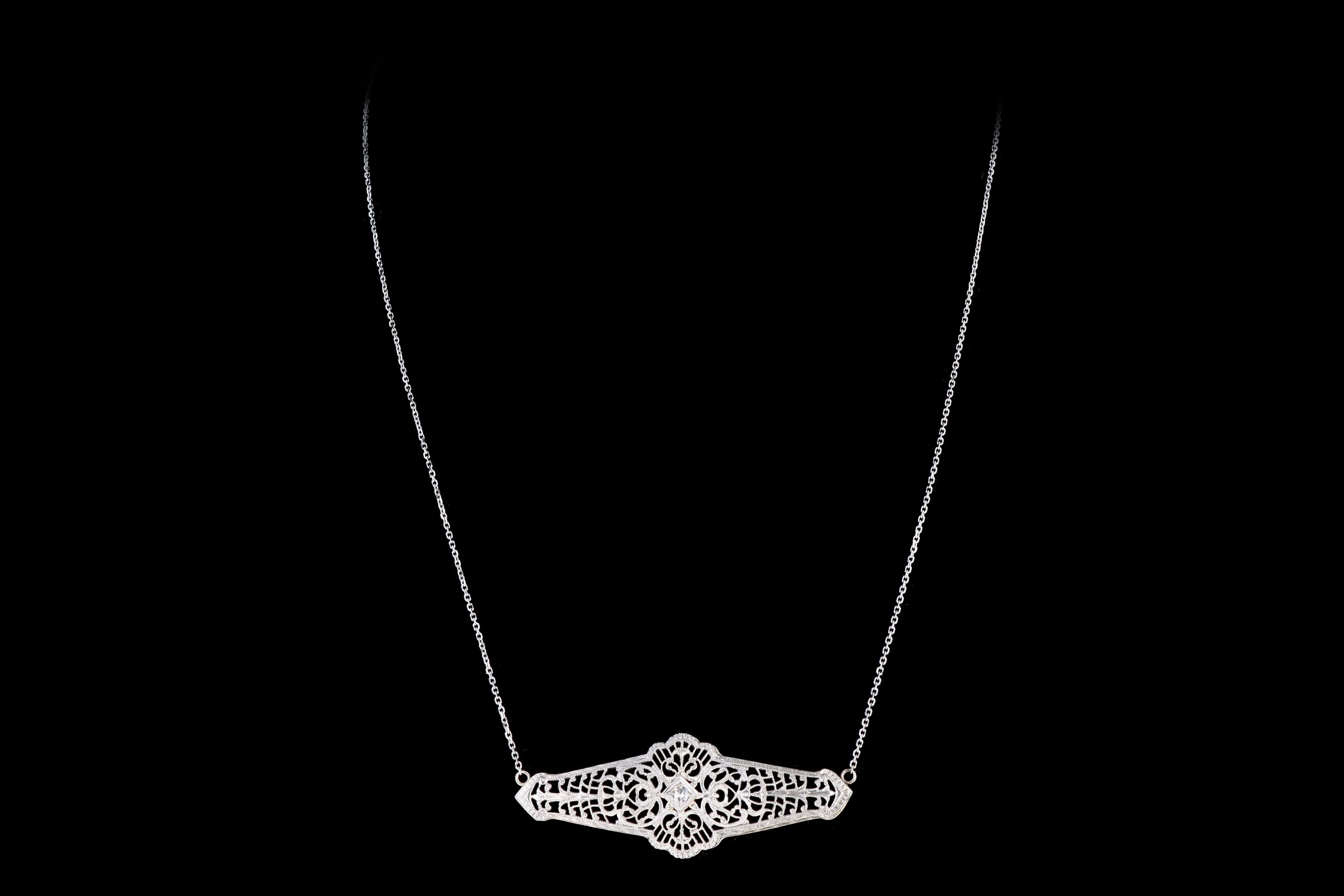 Art Deco Platinum & 14K Gold .06 Carat Old European Diamond Bar Pin Conversion Pendant Necklace