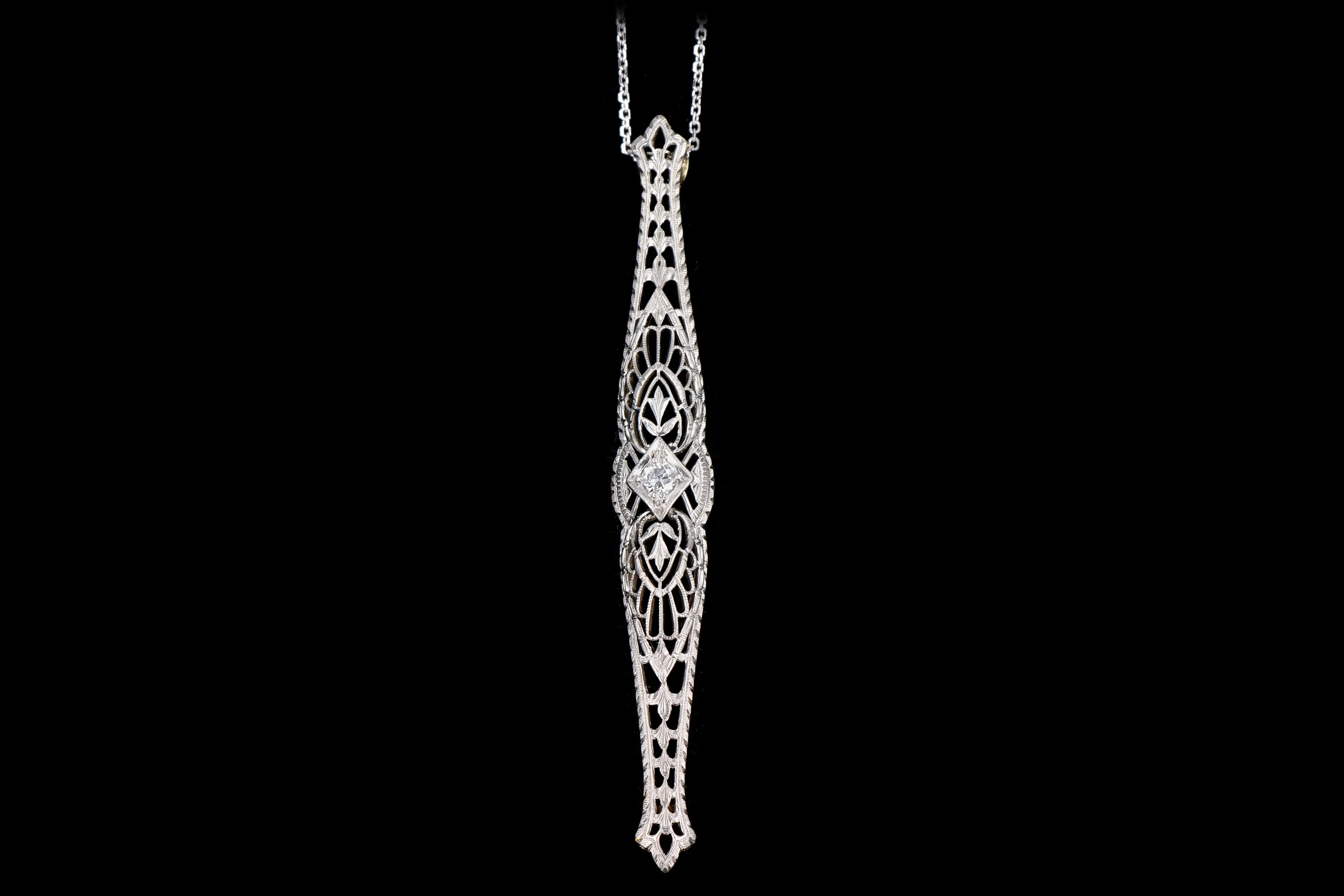 Art Deco Platinum & 14K Yellow Gold .12 Carat Old European Cut Diamond Bar Pin Conversion Pendant Necklace