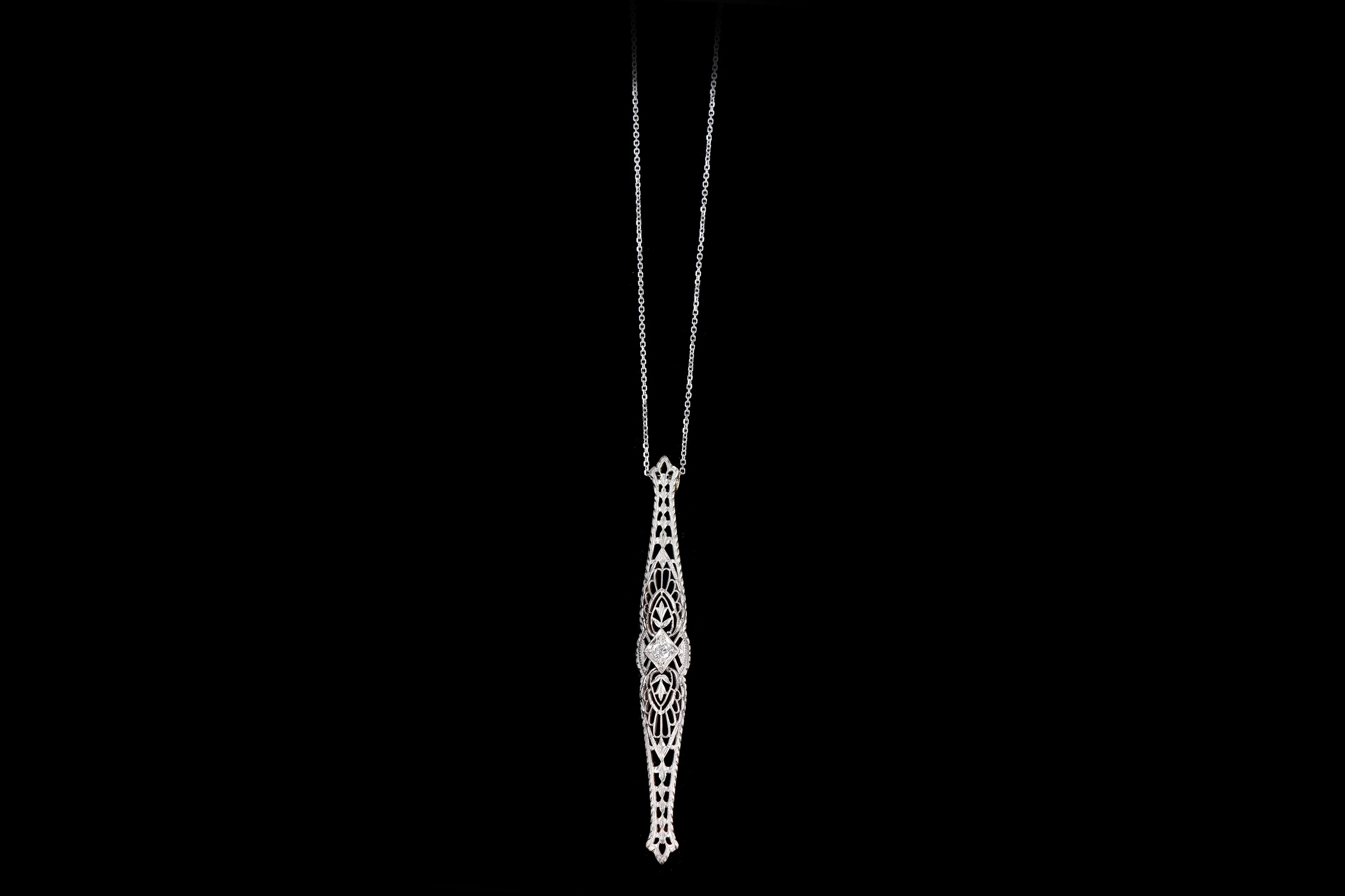 Art Deco Platinum & 14K Yellow Gold .12 Carat Old European Cut Diamond Bar Pin Conversion Pendant Necklace