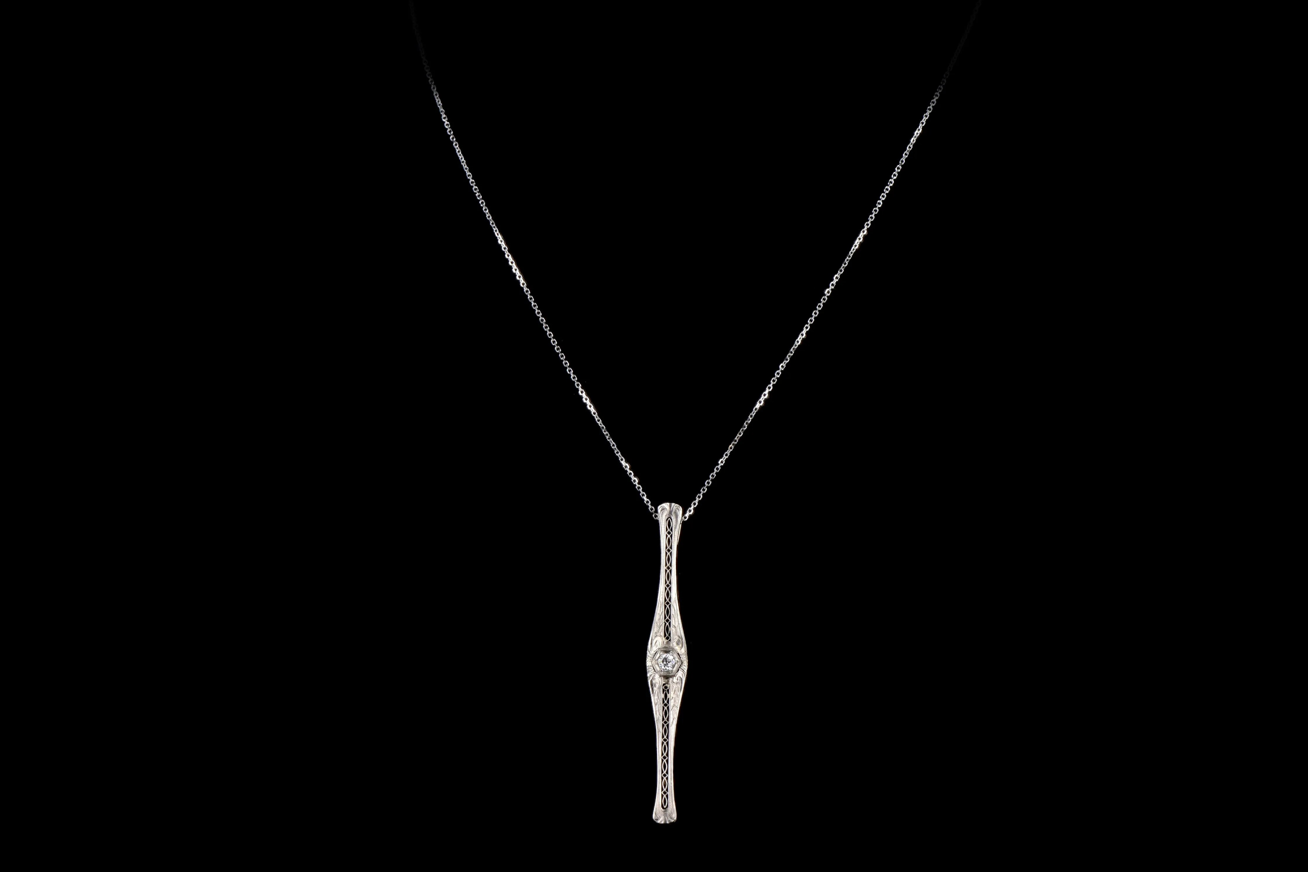 Art Deco Platinum & 14K Yellow Gold .14 Carat Old European Cut Diamond Bar Pin Conversion Pendant Necklace