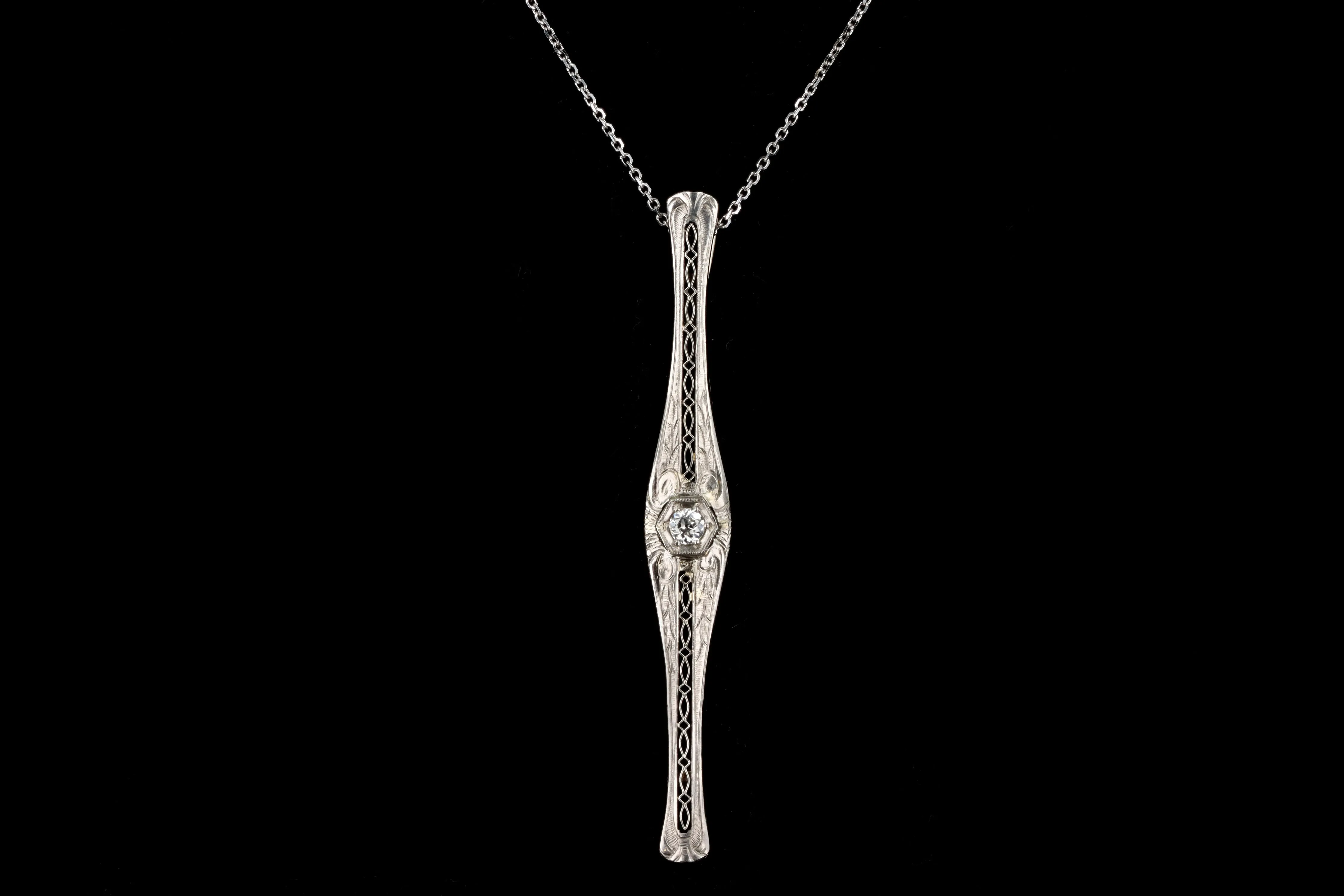 Art Deco Platinum & 14K Yellow Gold .14 Carat Old European Cut Diamond Bar Pin Conversion Pendant Necklace
