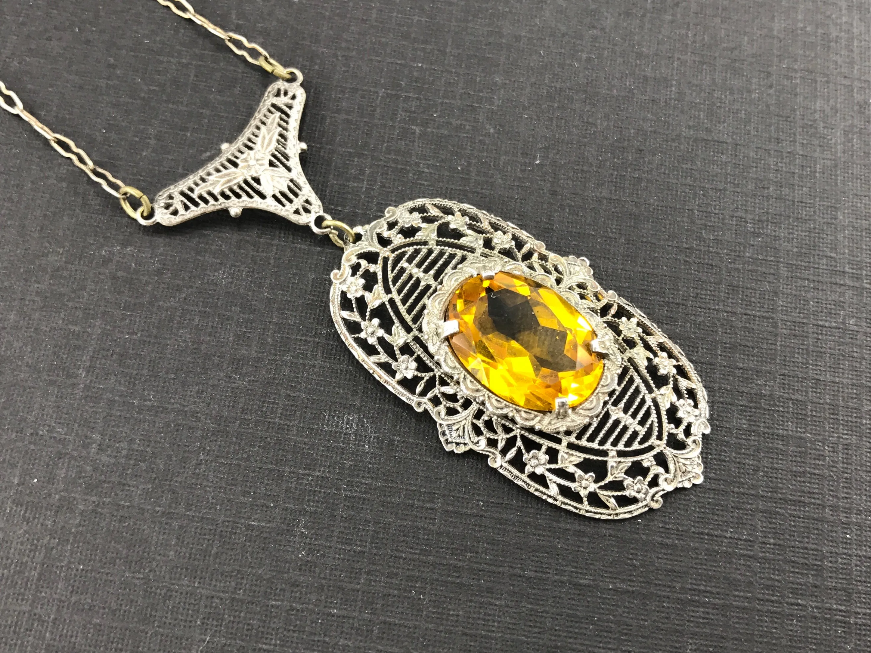Art Deco Sterling Silver Filigree Orange Paste Lavalier Necklace c.1920's