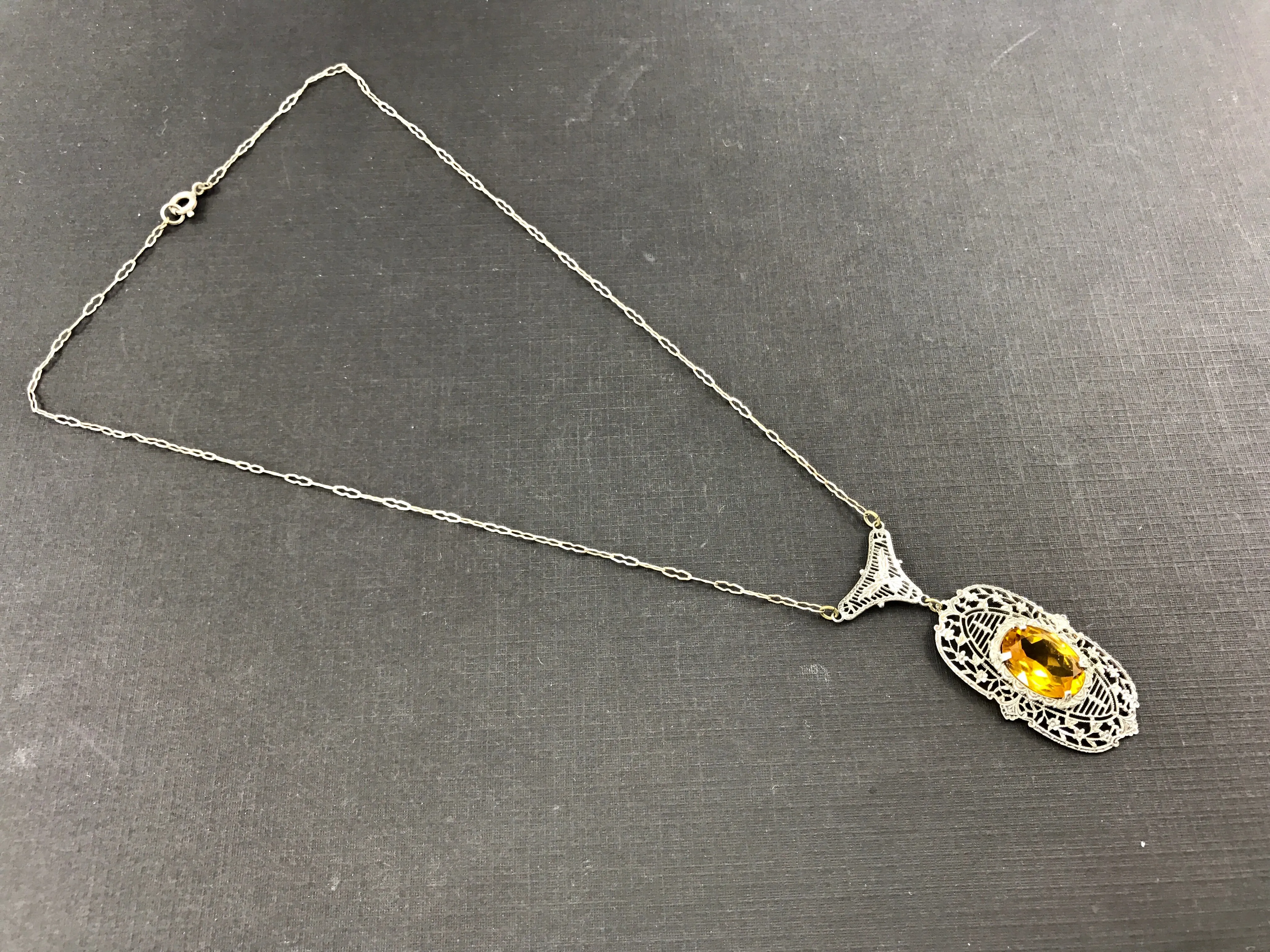 Art Deco Sterling Silver Filigree Orange Paste Lavalier Necklace c.1920's