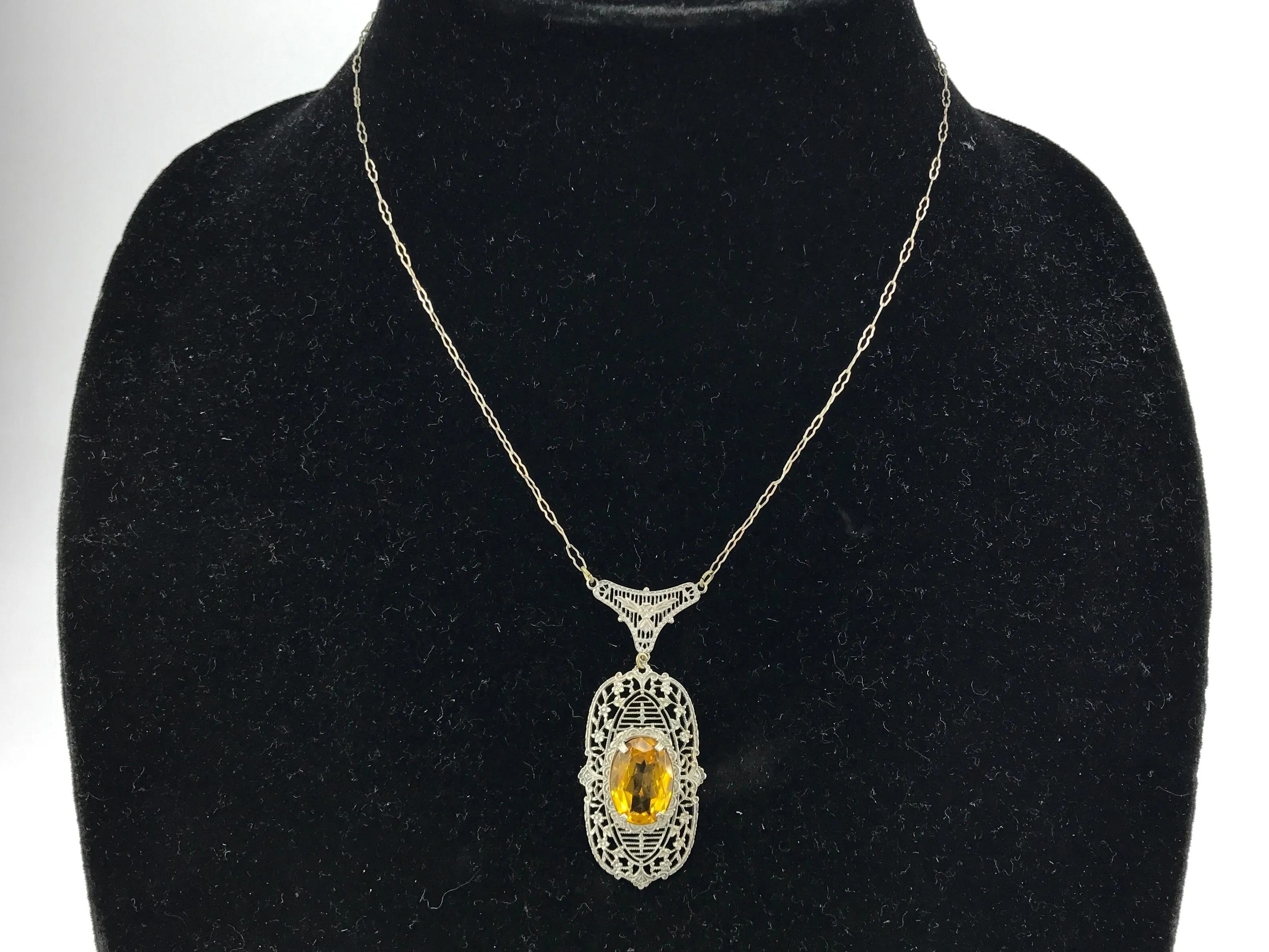 Art Deco Sterling Silver Filigree Orange Paste Lavalier Necklace c.1920's