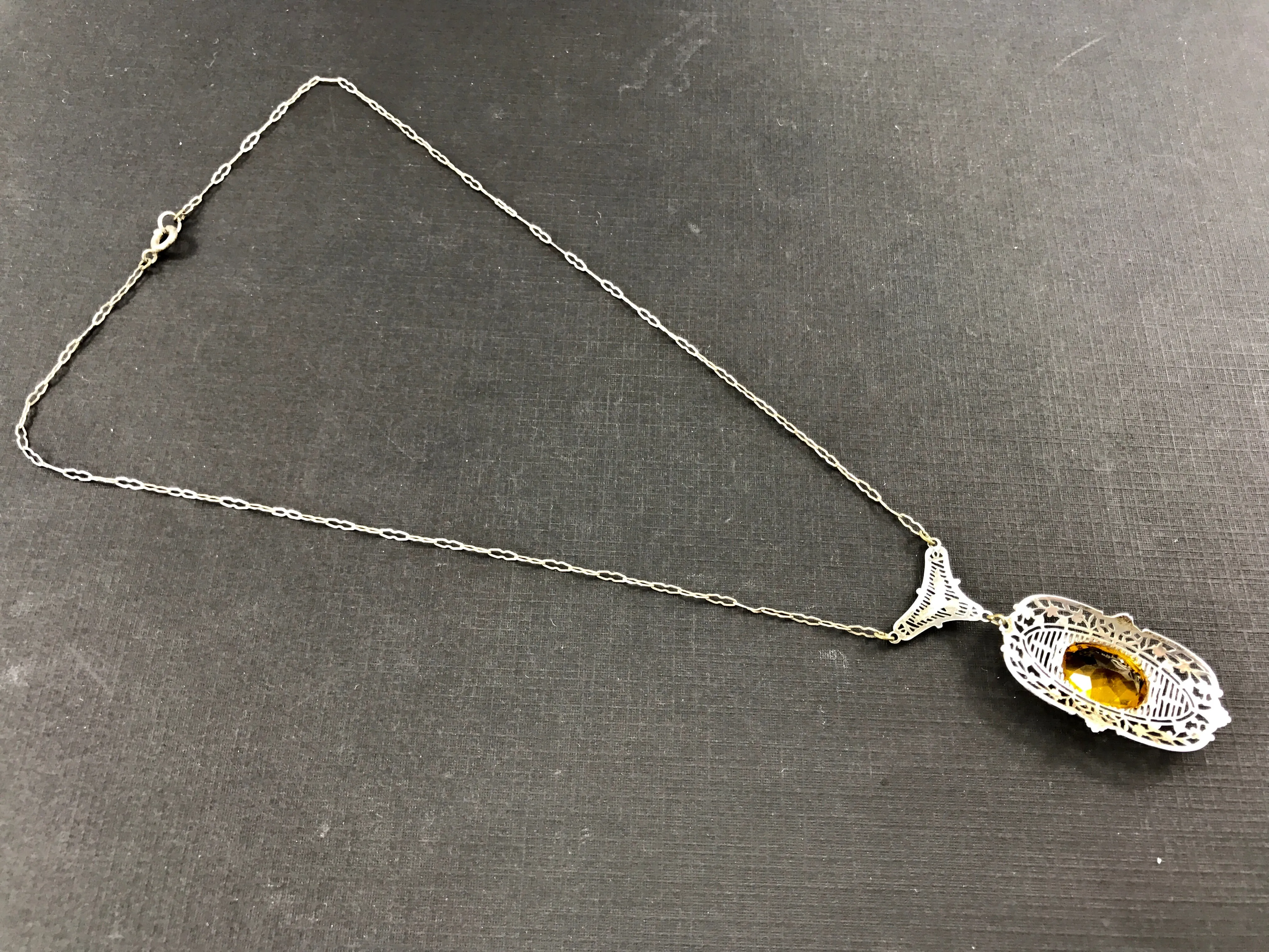 Art Deco Sterling Silver Filigree Orange Paste Lavalier Necklace c.1920's