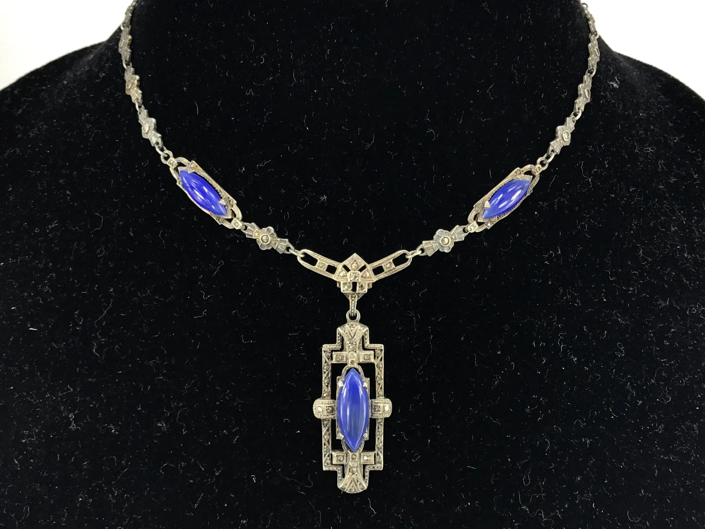 Art Deco Sterling Silver Marcasite Purple Chalcedony Birks Necklace c.1920's