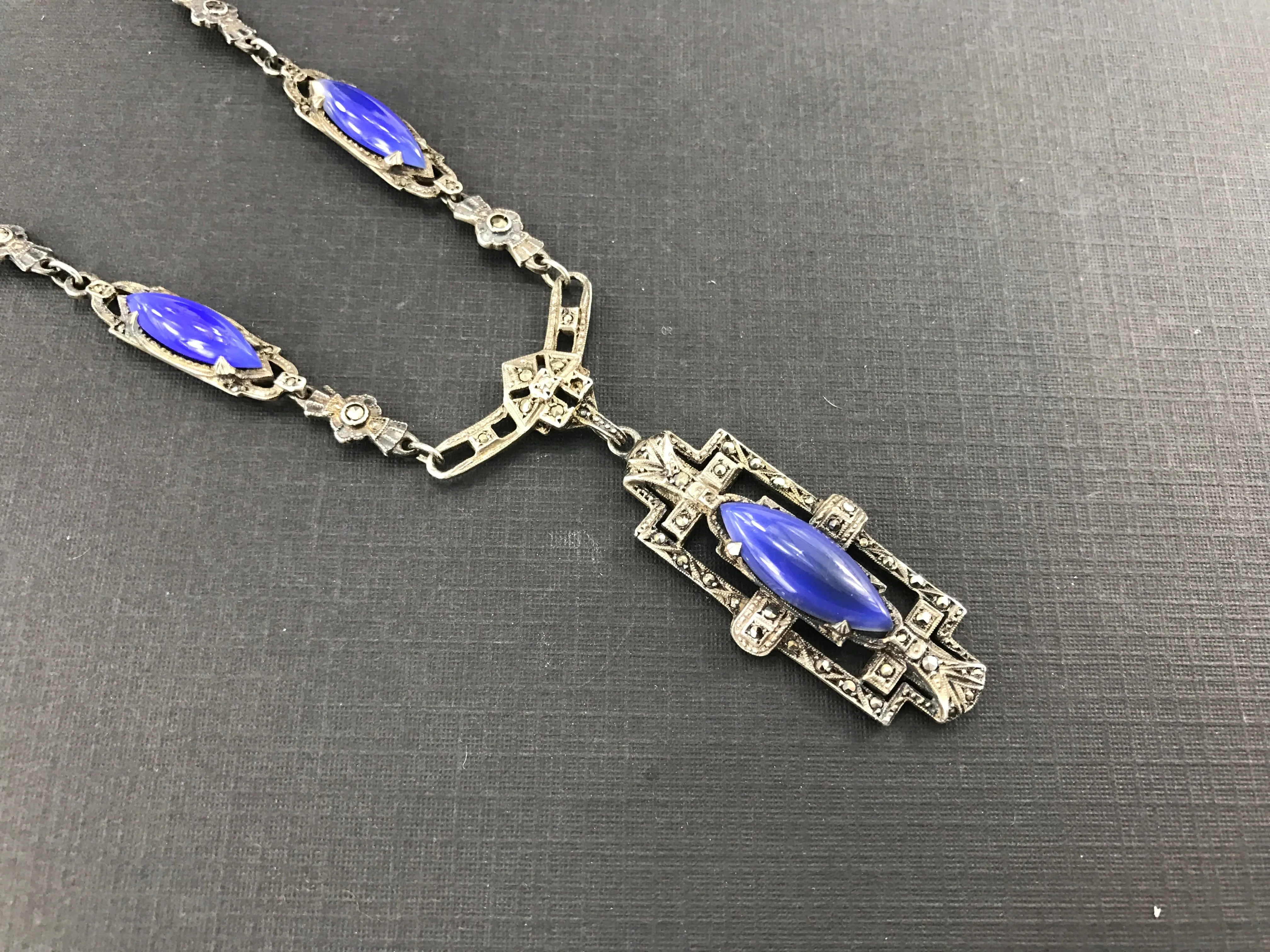 Art Deco Sterling Silver Marcasite Purple Chalcedony Birks Necklace c.1920's