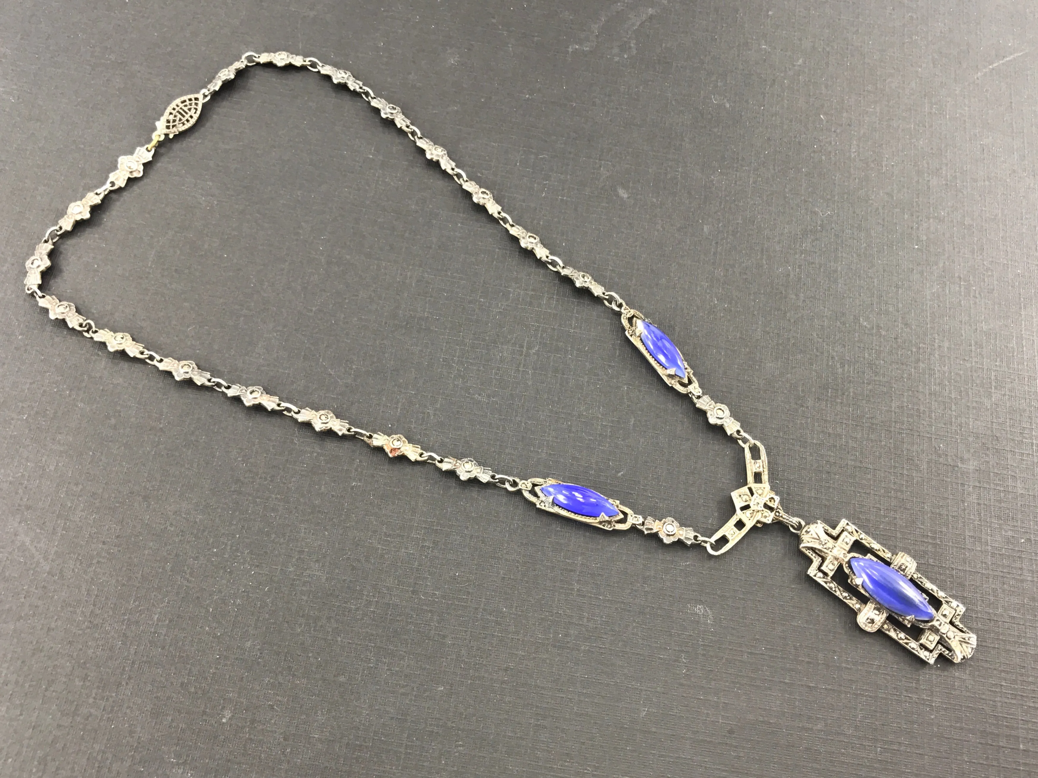 Art Deco Sterling Silver Marcasite Purple Chalcedony Birks Necklace c.1920's