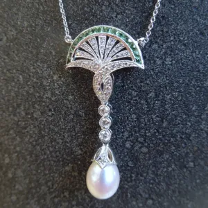 Art Deco Style Pearl, Diamond, and Tsavorite Garnet Necklace in White Gold