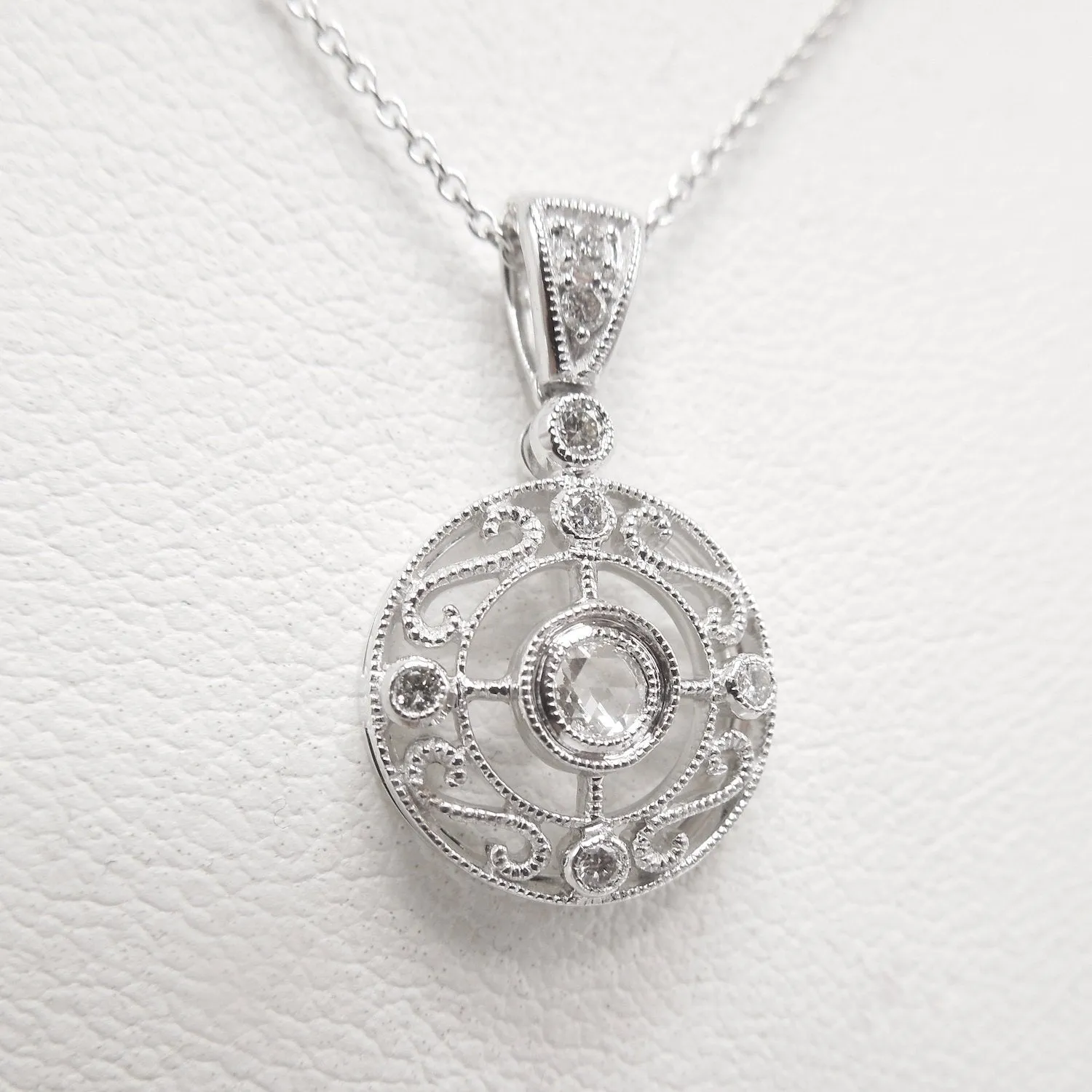 Art Deco Style Rose Cut Diamond Round Filigree Necklace and Pendant