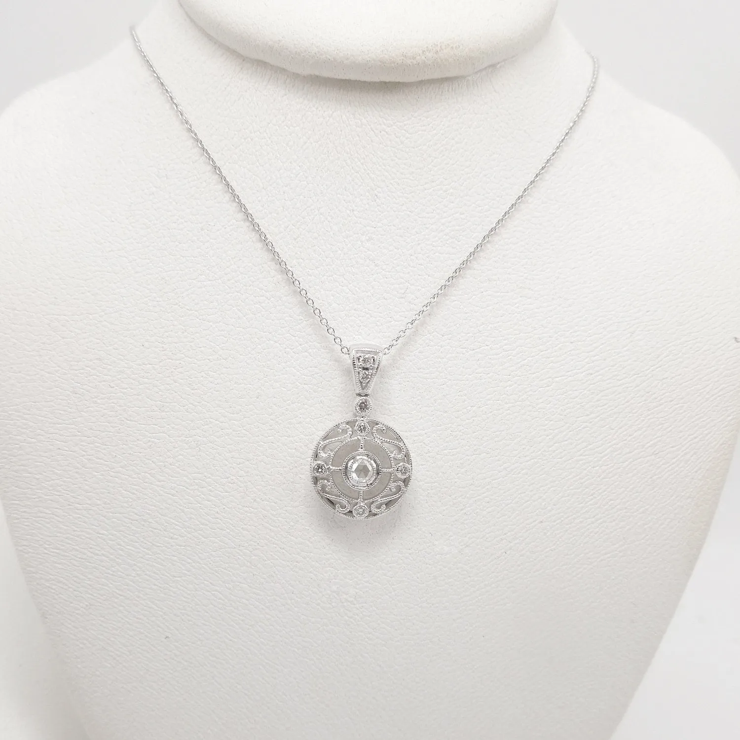 Art Deco Style Rose Cut Diamond Round Filigree Necklace and Pendant