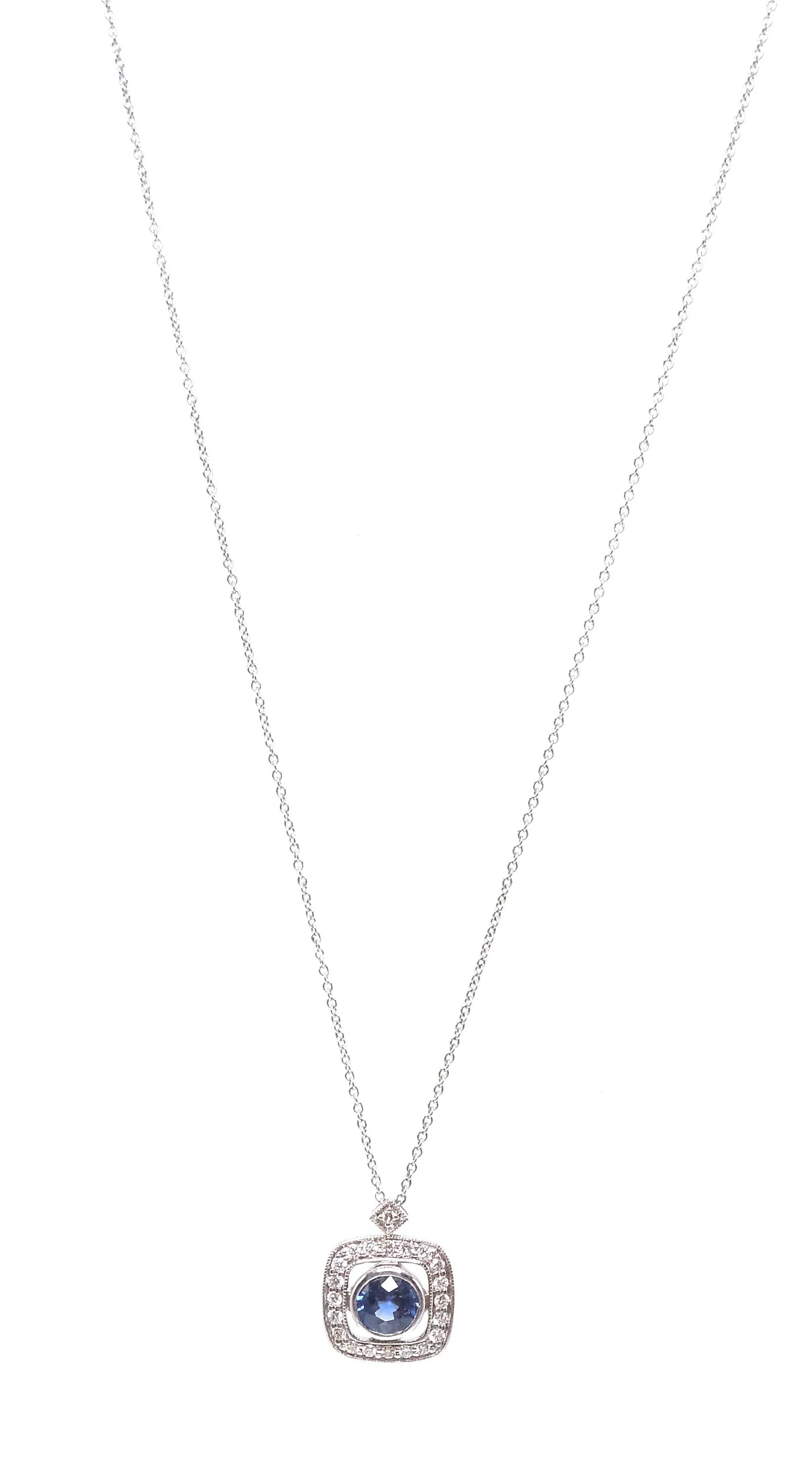 Art Deco Style Sapphire and Diamond White Gold Pendant and Necklace