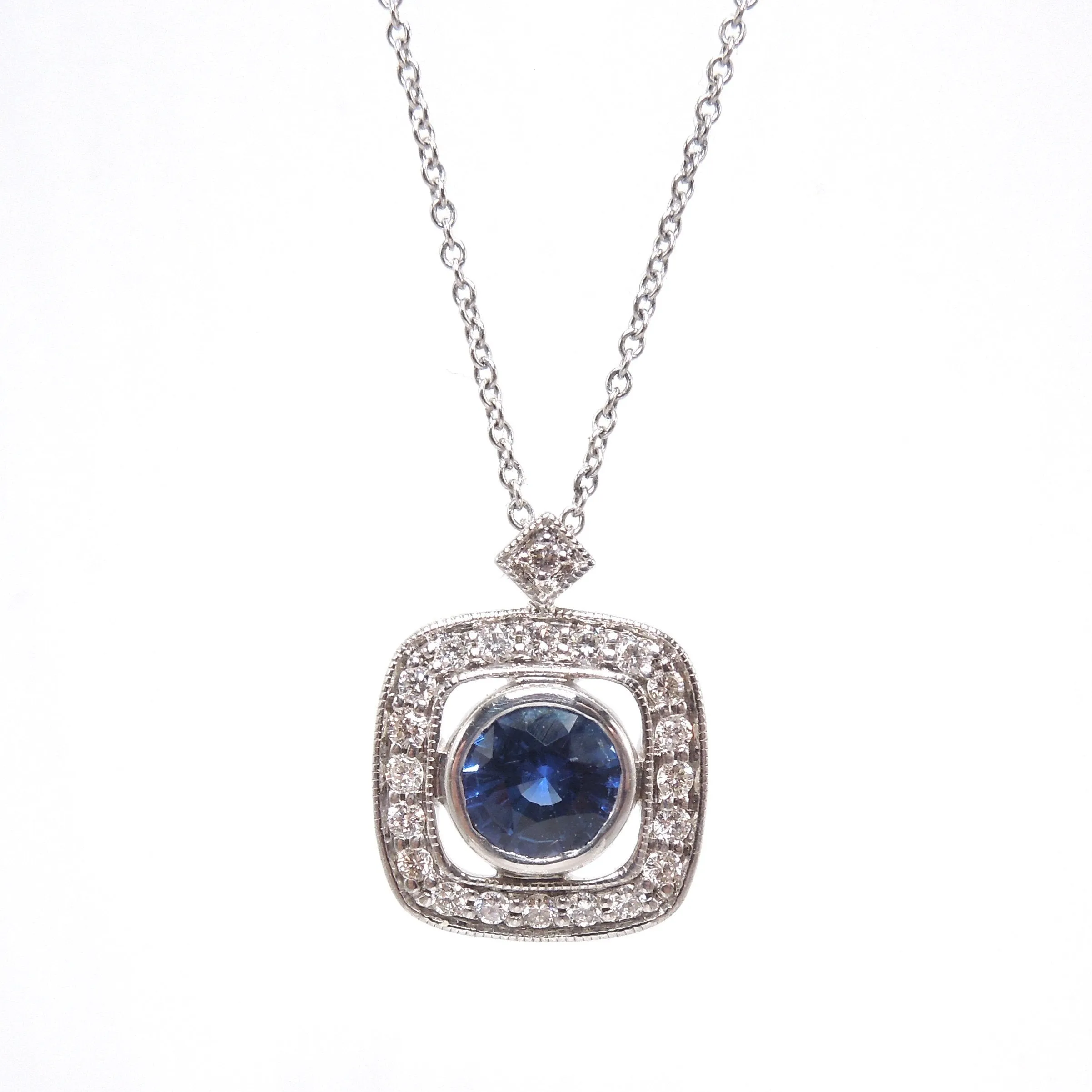 Art Deco Style Sapphire and Diamond White Gold Pendant and Necklace